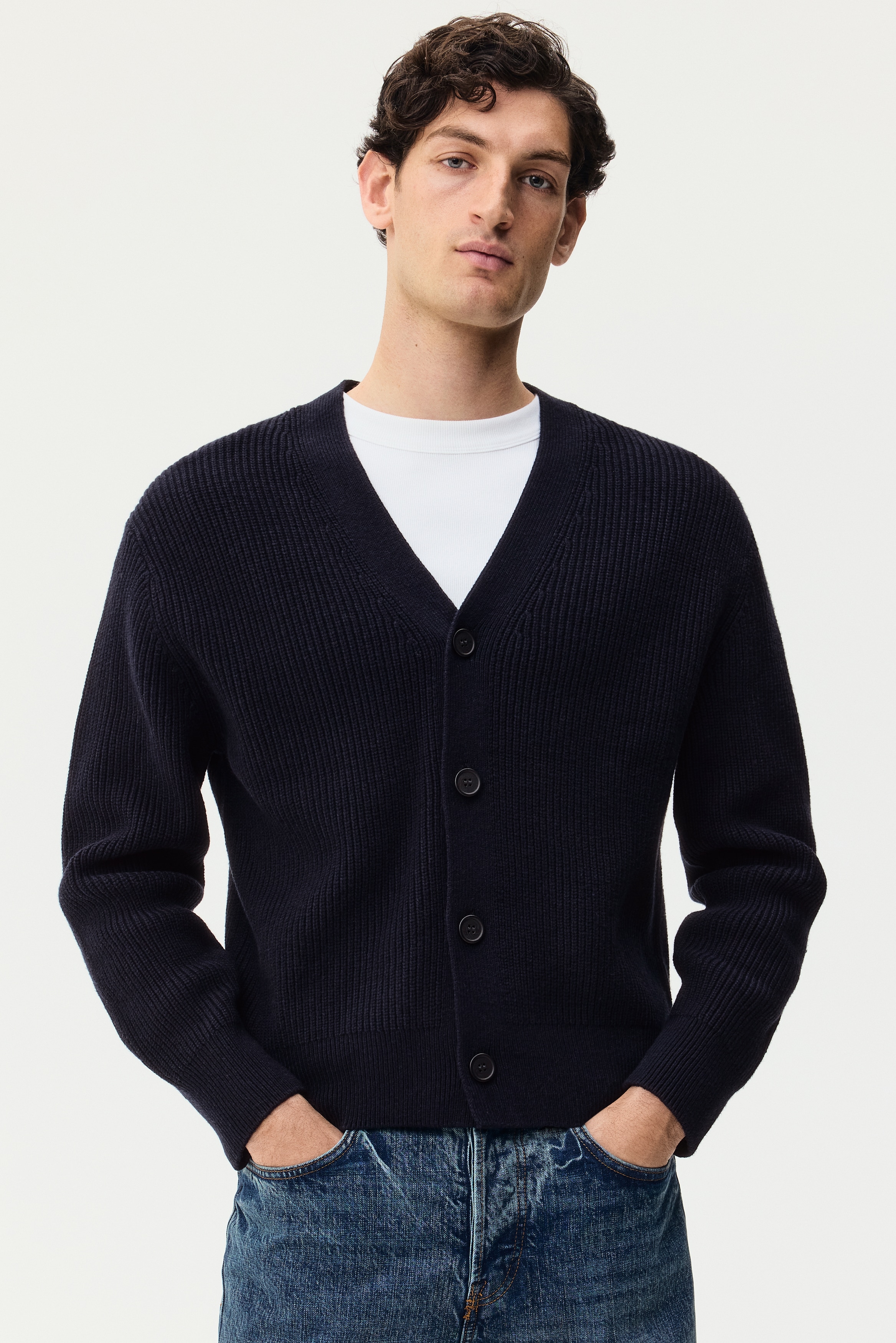Men's Navy blue Relaxed-Fit Rib-Knit Cardigan | H&M CA