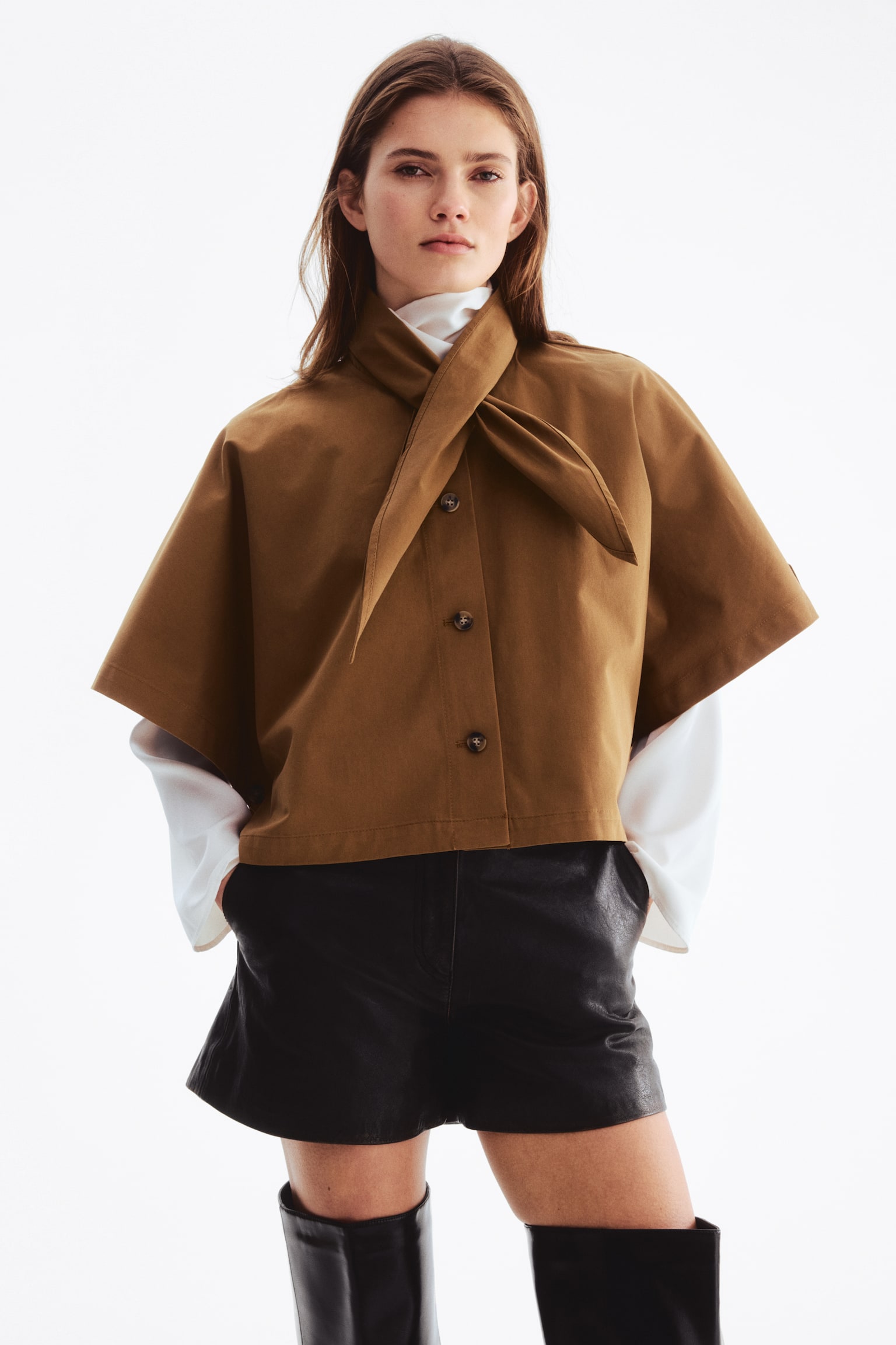 Scarf-detail trench cape - Dark beige/Light beige - 3