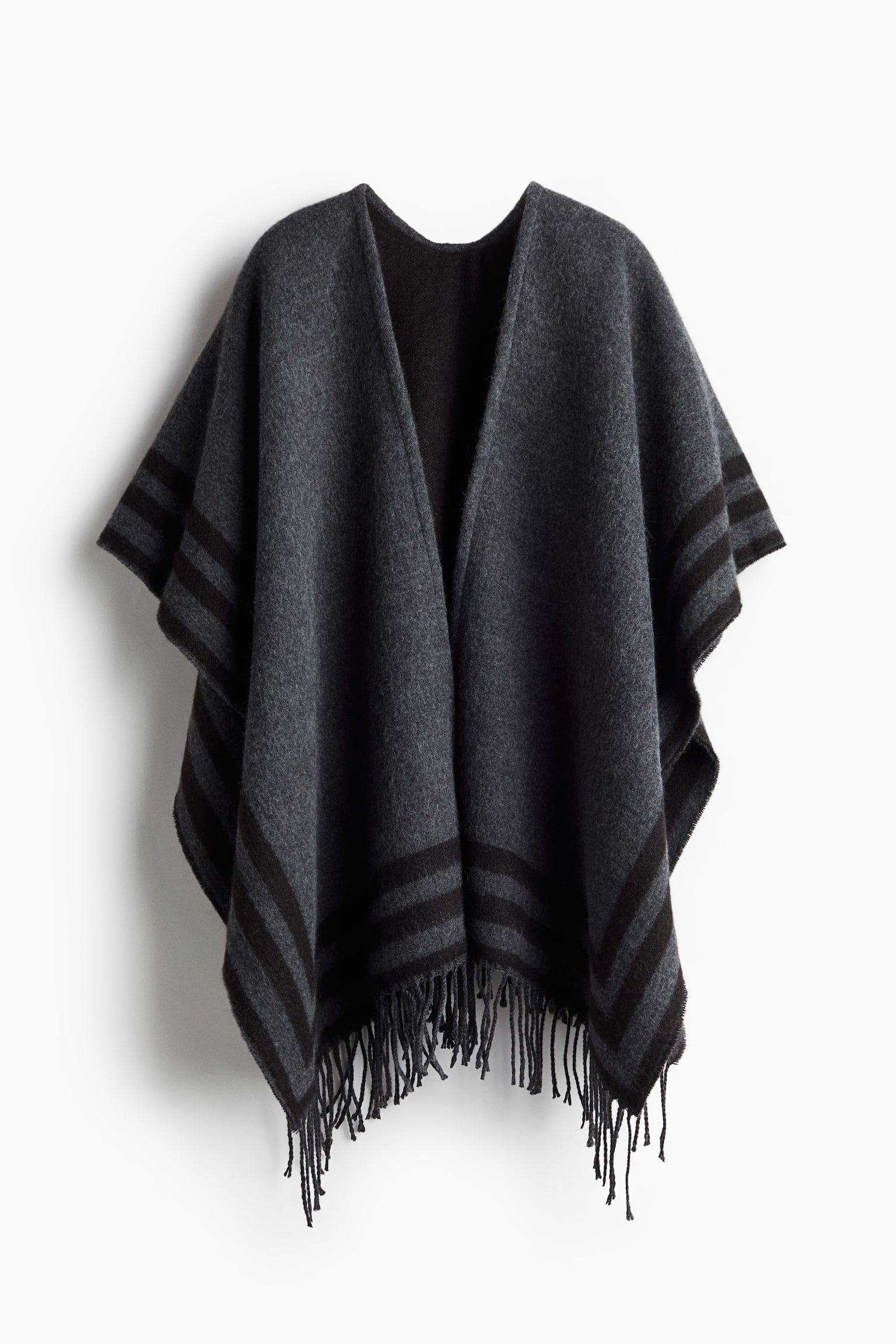 Fringe-trimmed poncho - Dark grey marl/Striped/Cream - 1