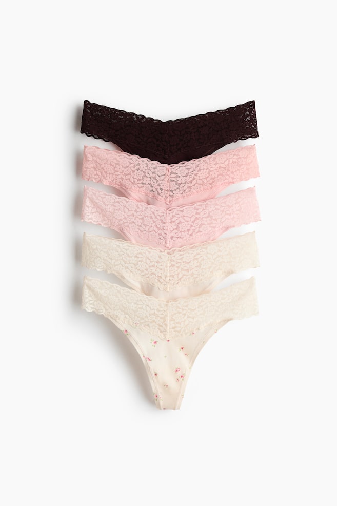5-pack lace thong briefs - Light pink/Cream floral/Black/Dusty pink/Hearts/Light pink/Burgundy - 1