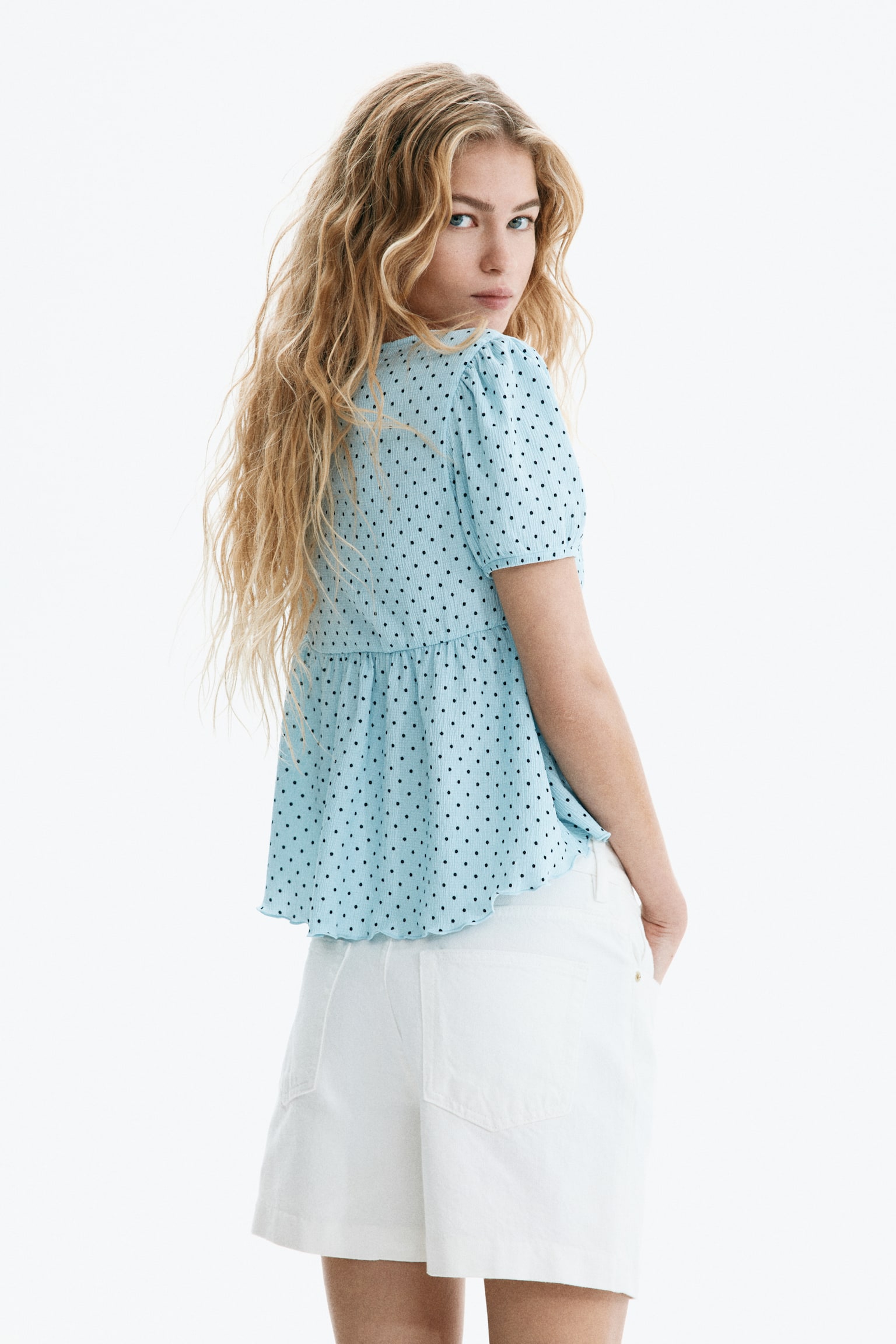 Áo vải jersey nhăn - Màu xanh dương nhạt/Chấm bi/Màu kem/Hoa/Màu đỏ mận - 5