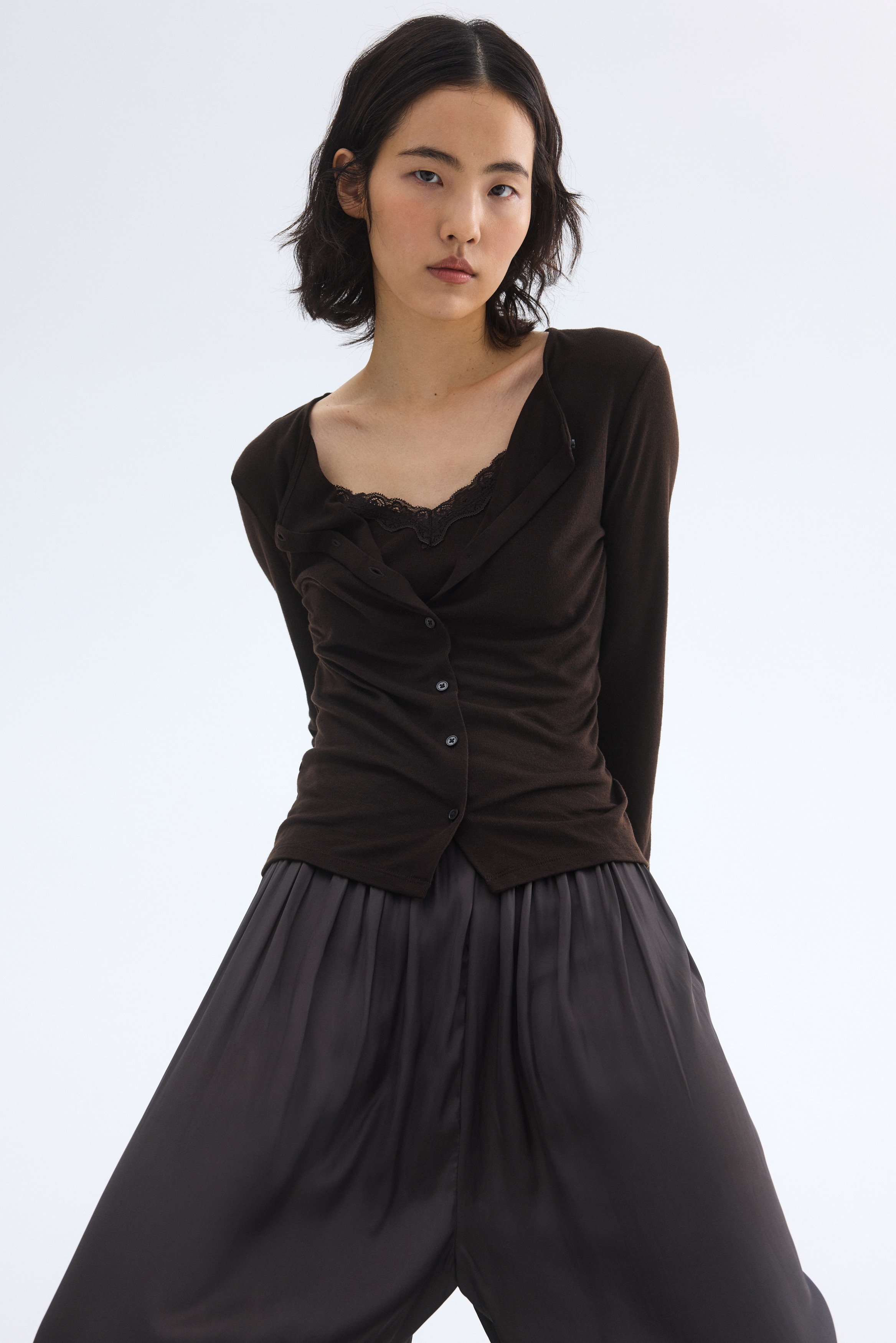 Ζακέτα με εφέ layering - Σκούρο καφέ/Κρεμ/Μαύρο