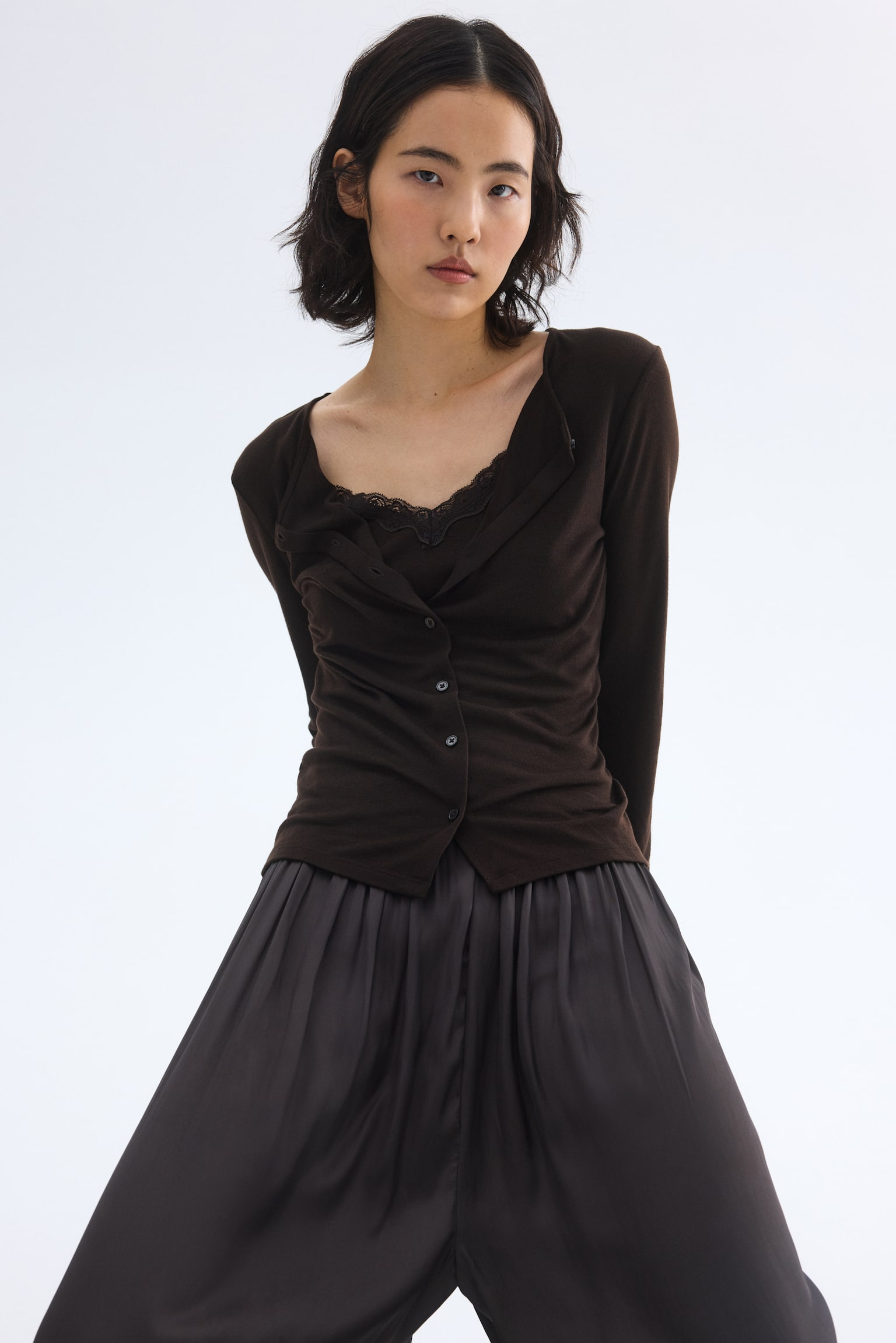 Layered cardigan - Dark brown/Cream/Black - 1