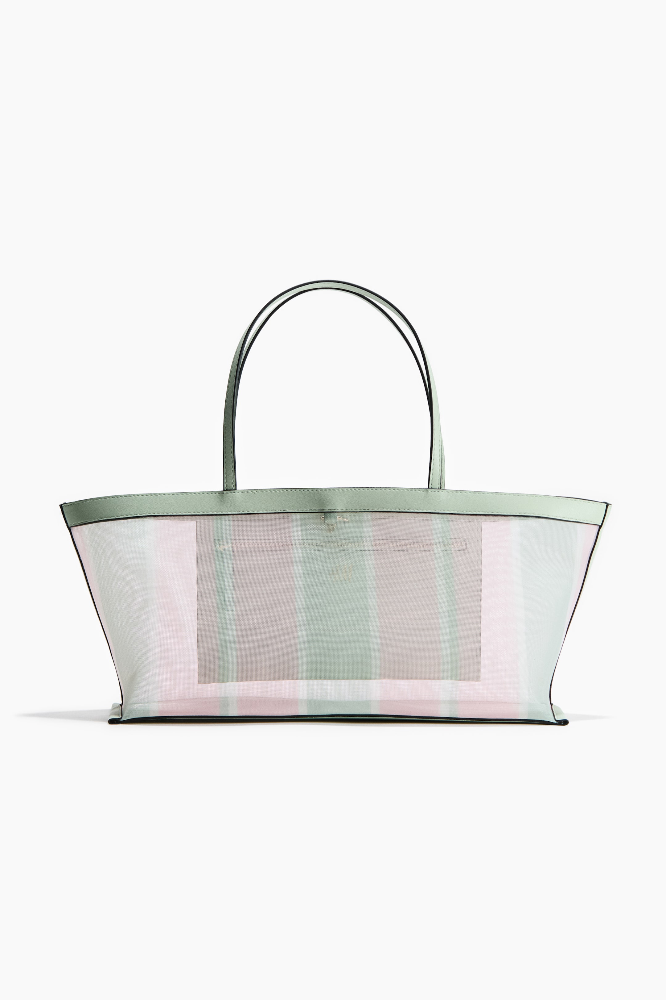 Agrandir l'image: Un sac fourre-tout est présenté de face, avec un corps transparent orné de rayures verticales vert menthe et rose clair, deux poignées supérieures, et une bordure supérieure vert menthe avec une bordure inférieure noire. Une pochette rectangulaire zippée est visible à travers le matériau transparent, fixée à l'intérieur du sac.