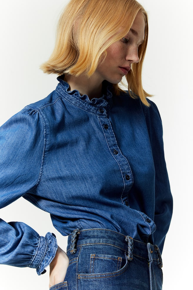 Frill-trimmed denim blouse - Denim blue - 1