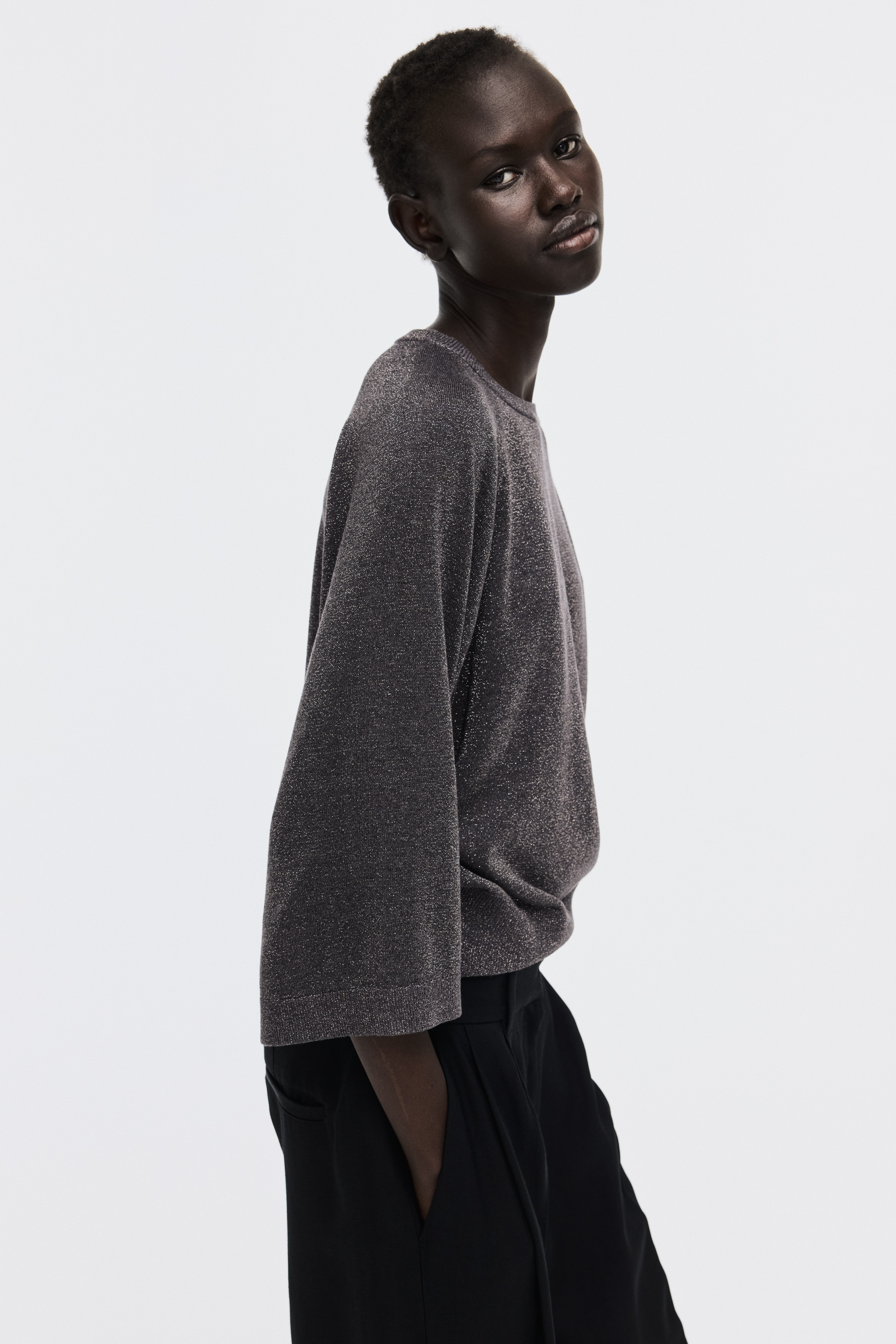 H & M - ファインニット グリッタートップス - グレー