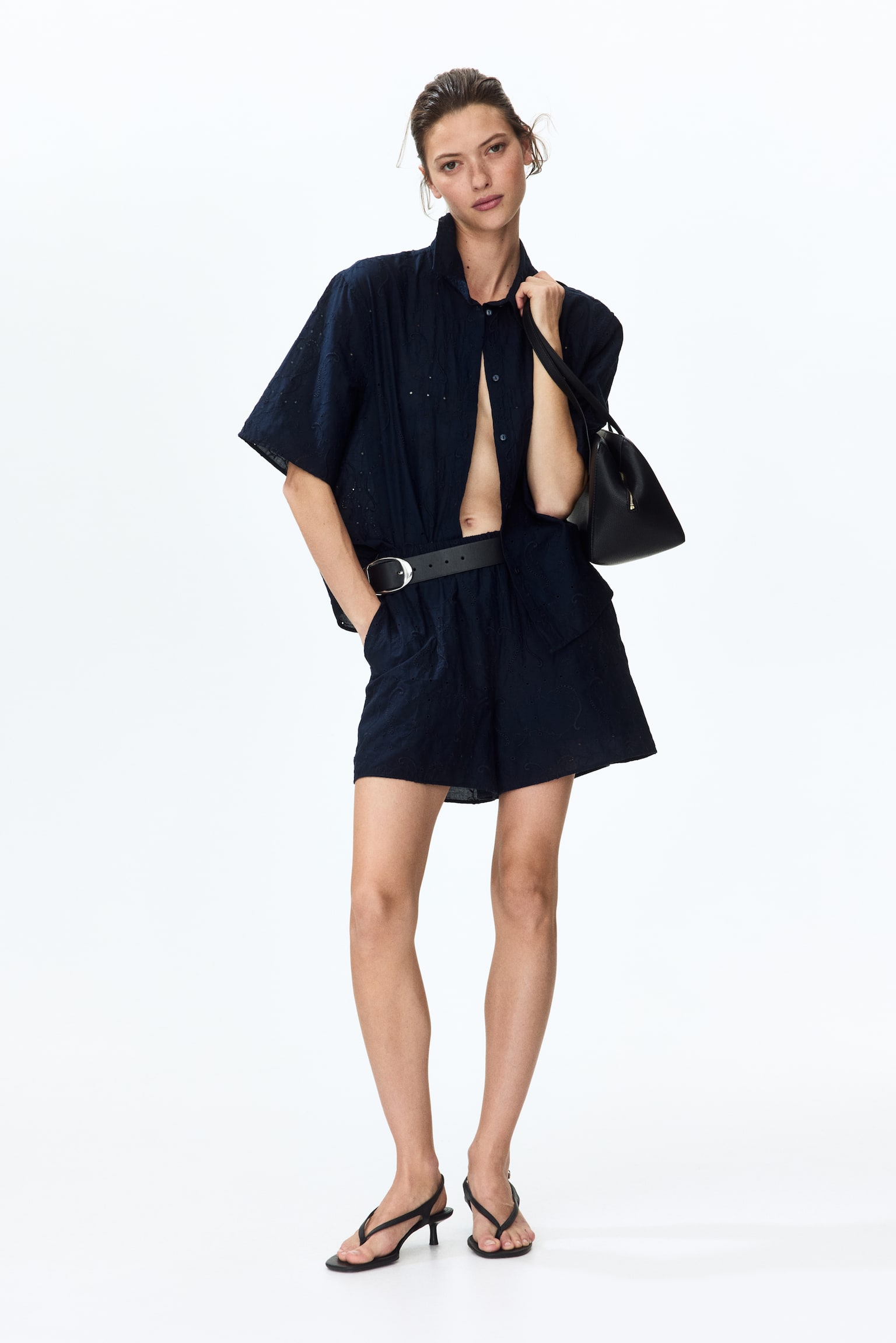 Oversized broderie anglaise shirt-Dark blue - 4