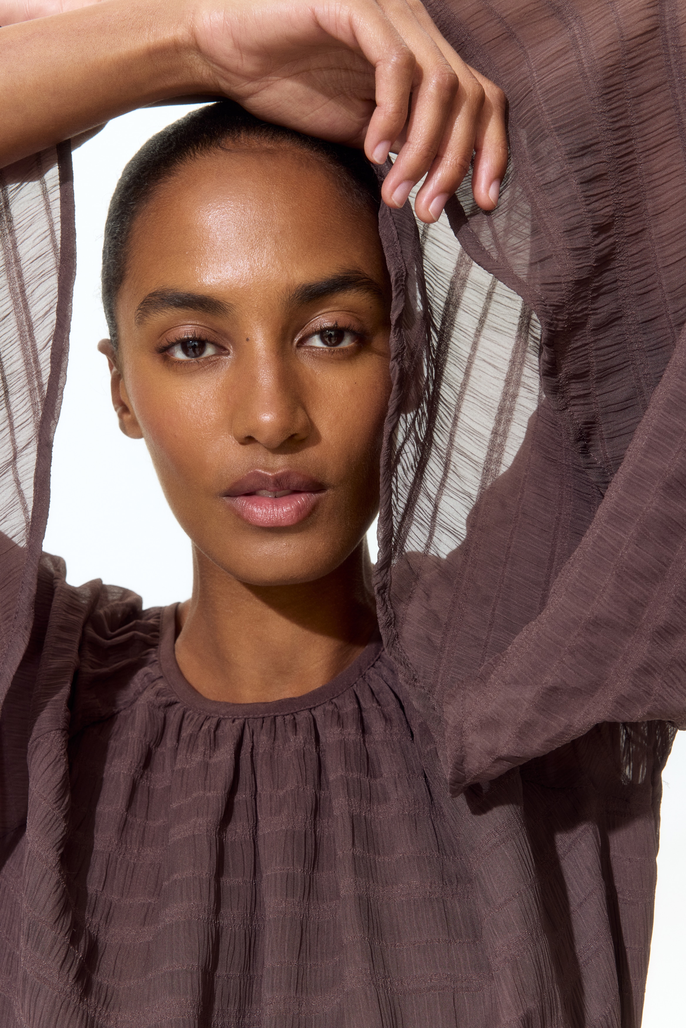 Flounced tie-belt blouse - Dark brown/Green