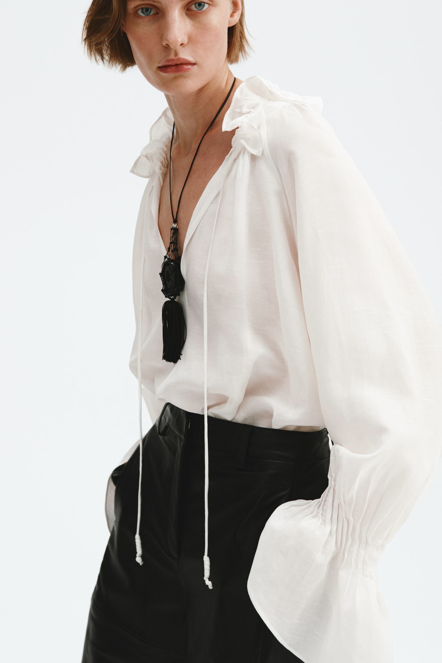 חולצת אוברסייז מתערובת פשתן - לבן - 4