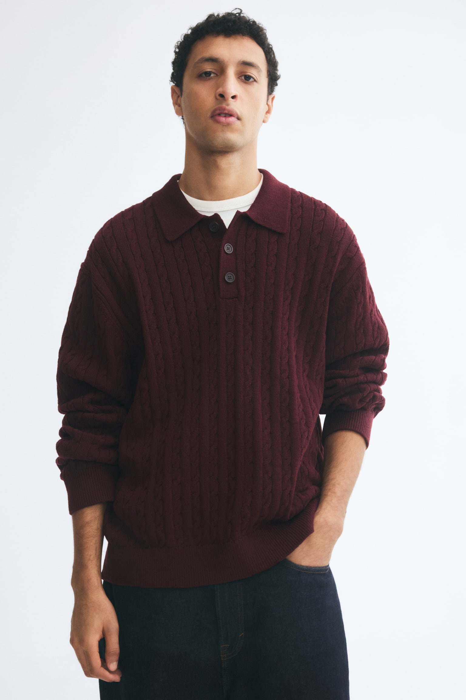 Мужской свитер H&M Relaxed-Fit Cable-Knit Polo, цвет: Бордовый — фото 2