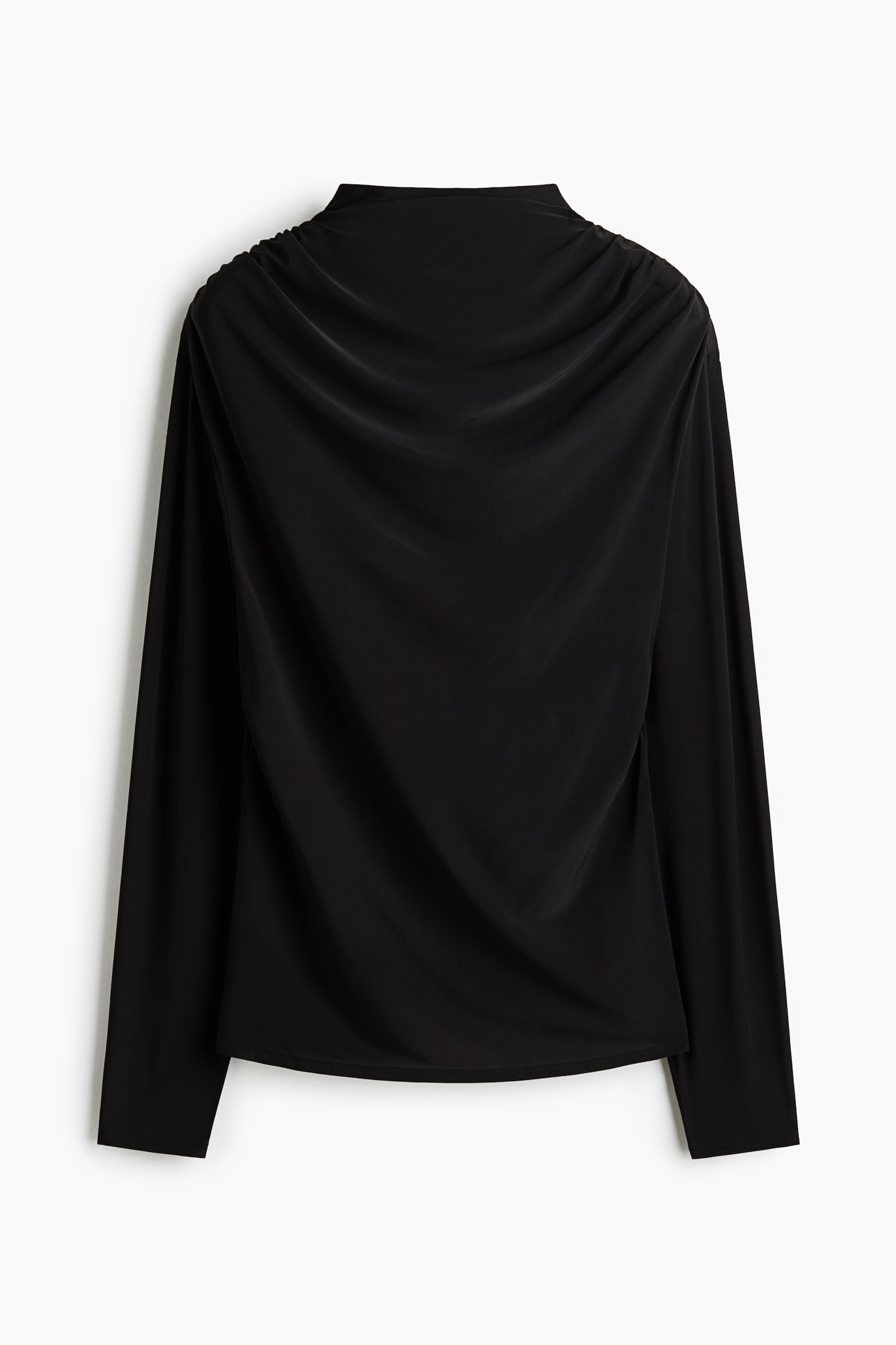 A black long-sleeved top showcases a draped cowl back with soft folds cascading down from gathered shoulders. The garment features long, straight sleeves and a clean-finished hemline.