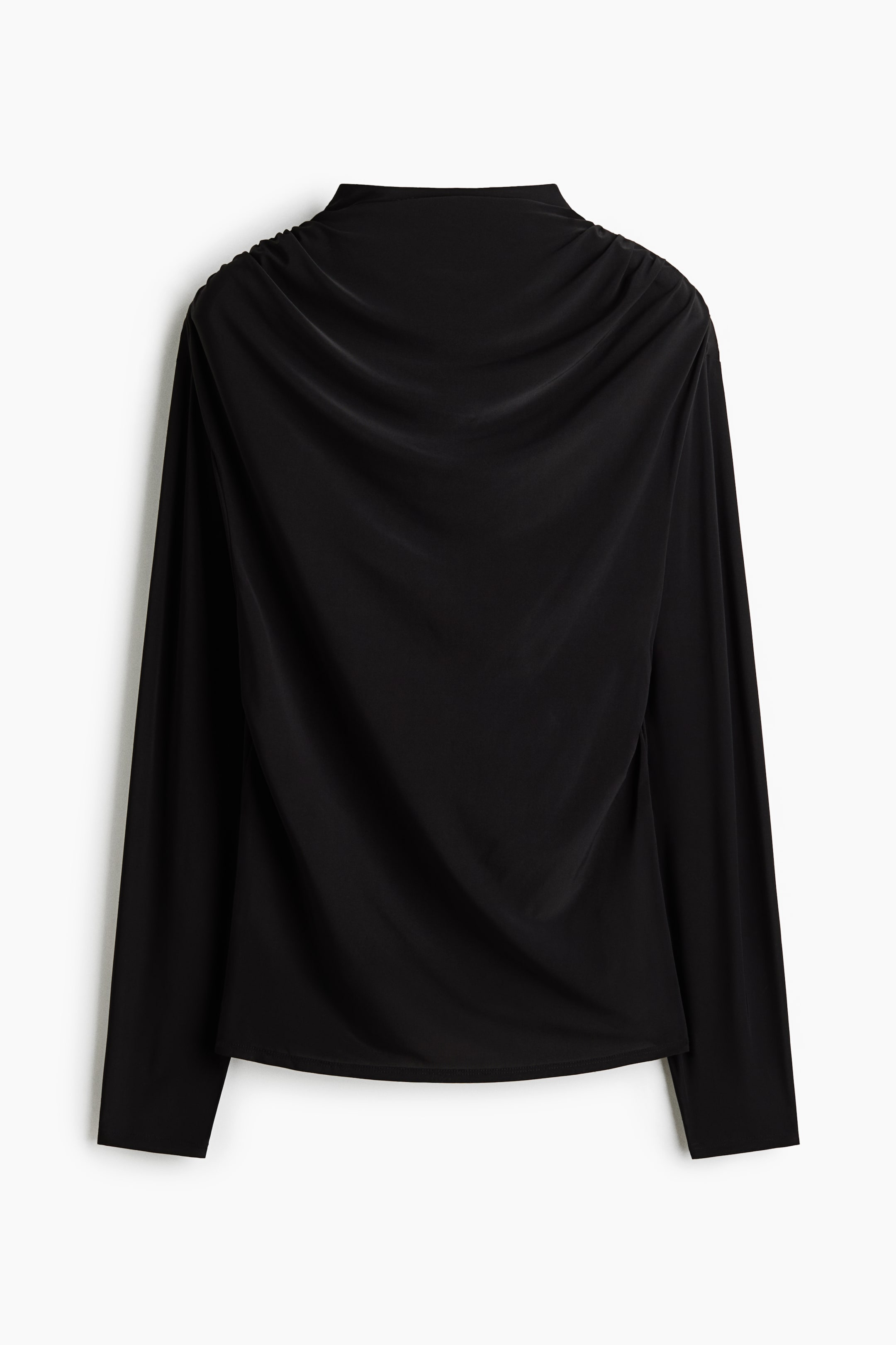 View larger image: A black long-sleeve top features a draped cowl back with soft folds cascading down from gathered shoulders. The garment has long, straight sleeves and a clean-finished hemline.