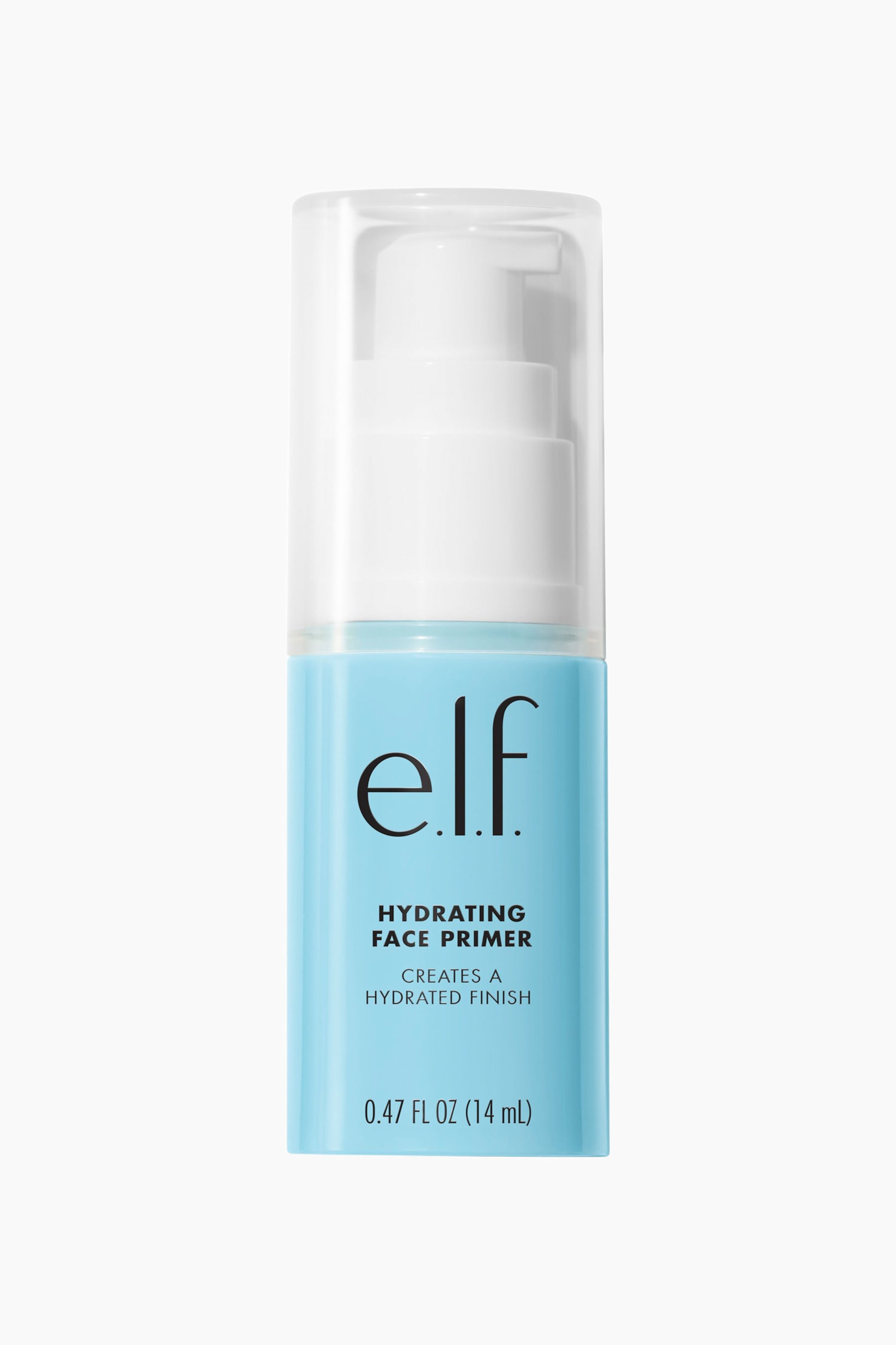 Visa större bild: En ljusblå cylindrisk flaska med e.l.f. Hydrating Face Primer står upprätt. Den har en vit pumpdispenser täckt av ett genomskinligt lock, med e.l.f.-logotypen, 'Hydrating Face Primer', 'Skapar en återfuktad finish' och '0,47 FL OZ (14 mL)' tryckt i svart på framsidan.