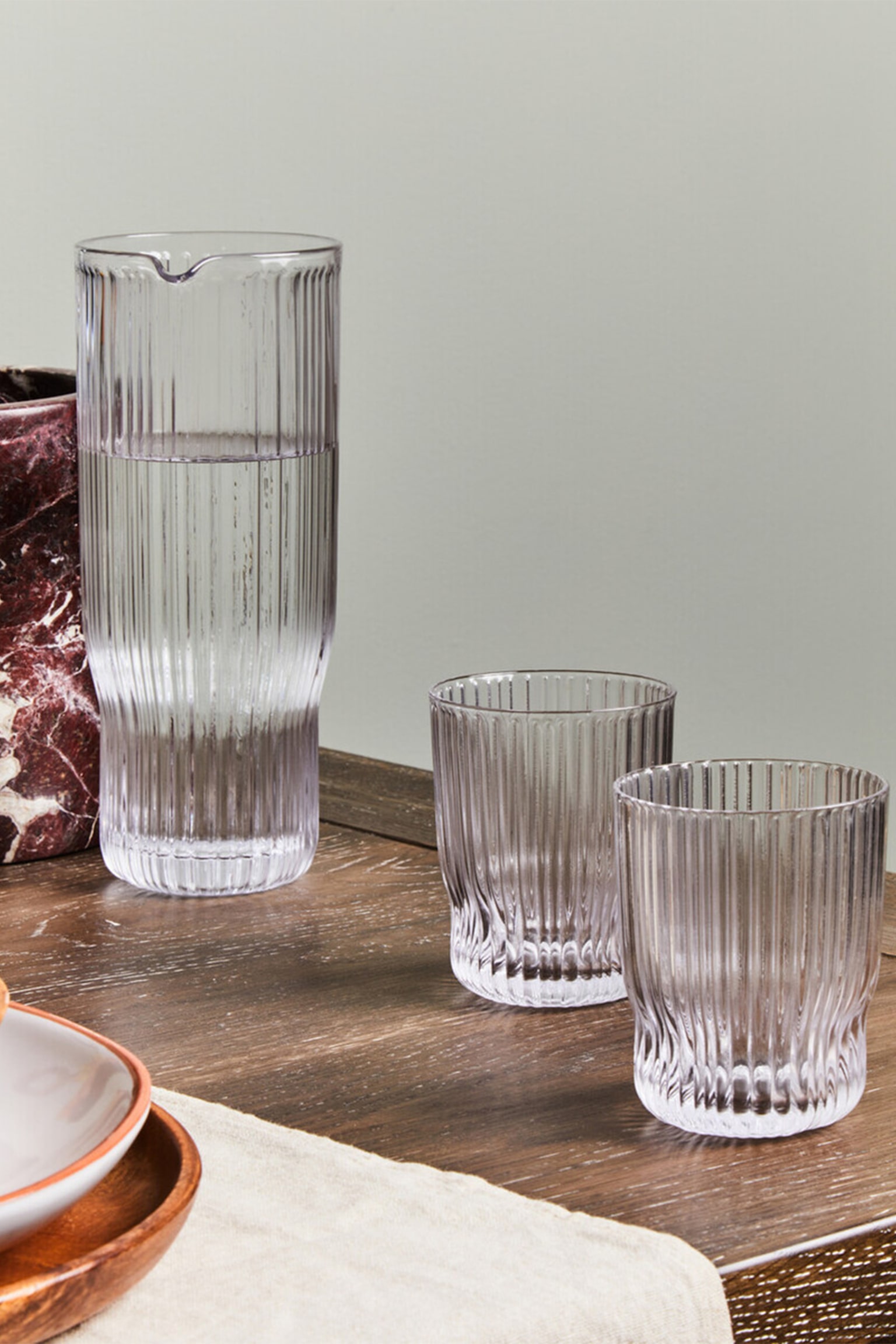 Juno Ribbed Glass And Jug 3pc Set - Clear - 2