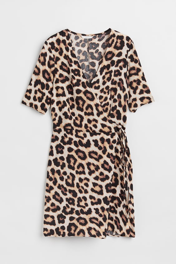 Wrap dress - V-neck - Short sleeve - Beige/Leopard print - Ladies | H&M GB