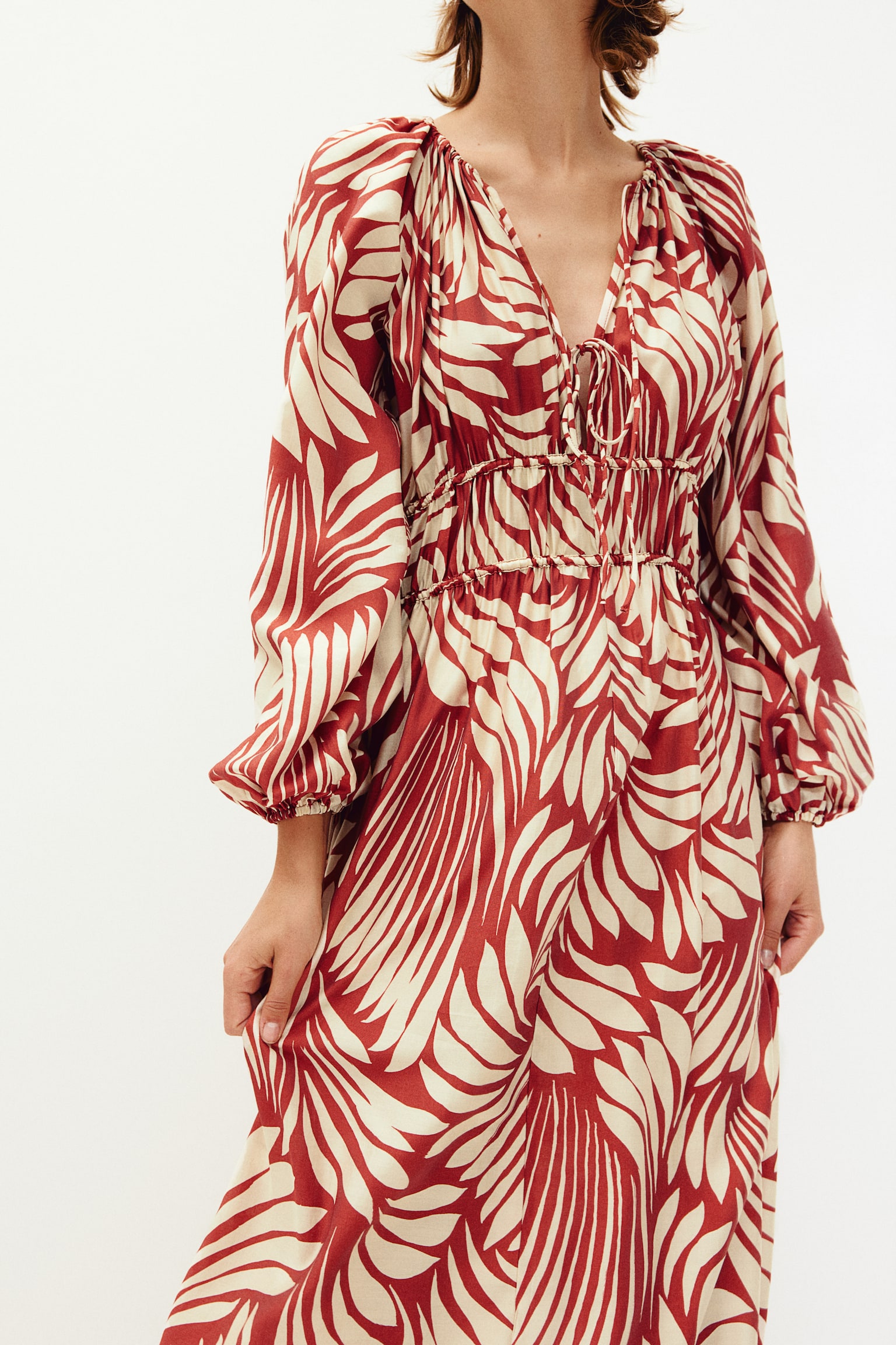 Oversized drawstring-detail dress - Red/Patterned - 6