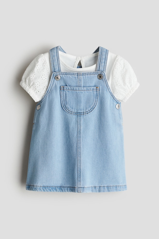 Tweedelige katoenen set - Licht denimblauw/wit - 1