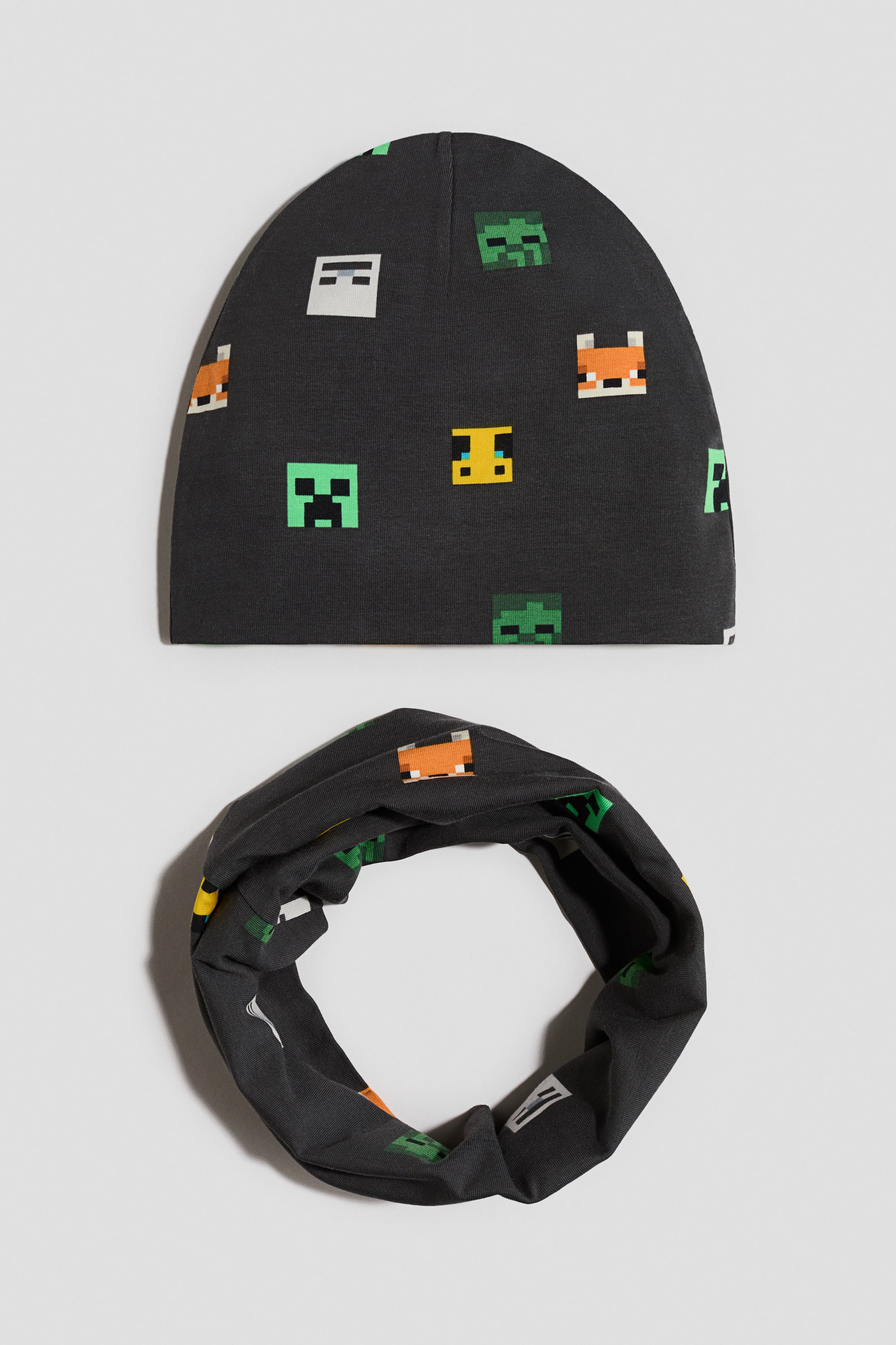 View larger image: 2-piece beanie and tube scarf set - Dark Grey/Minecraft - Kids | H&M IE 1
