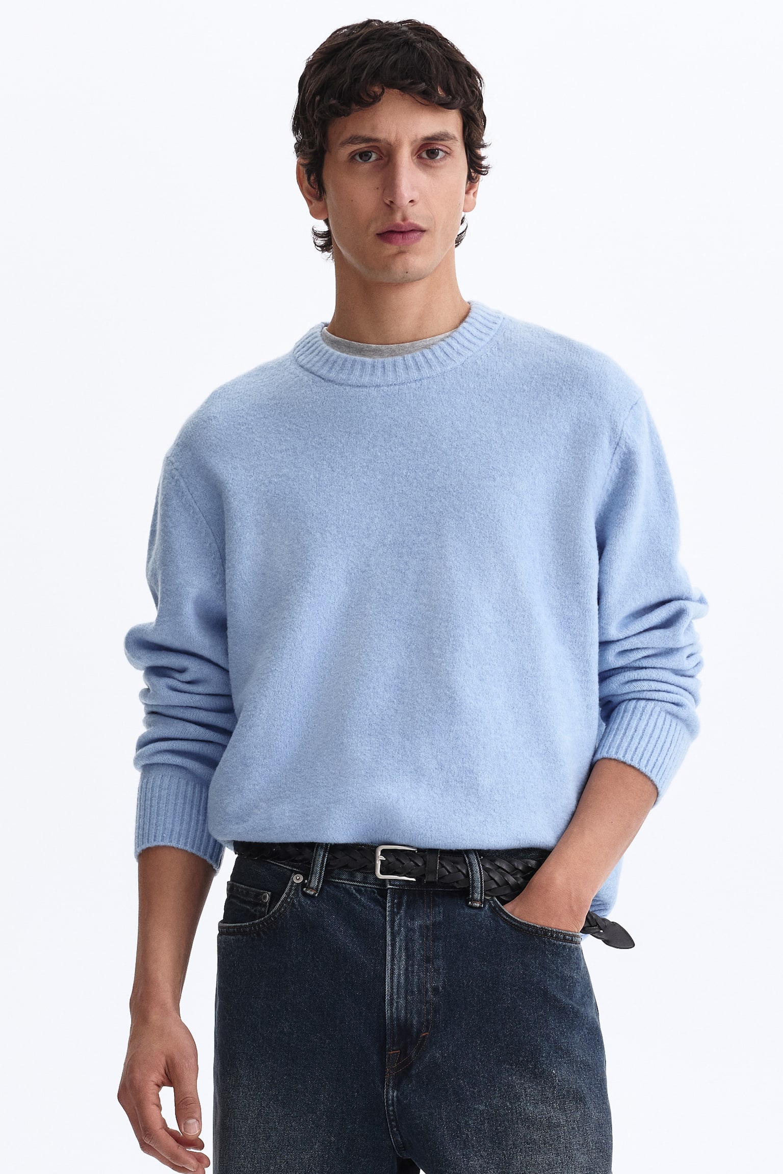 סוודר מוברש Regular Fit - תכלת/בורדו - 1