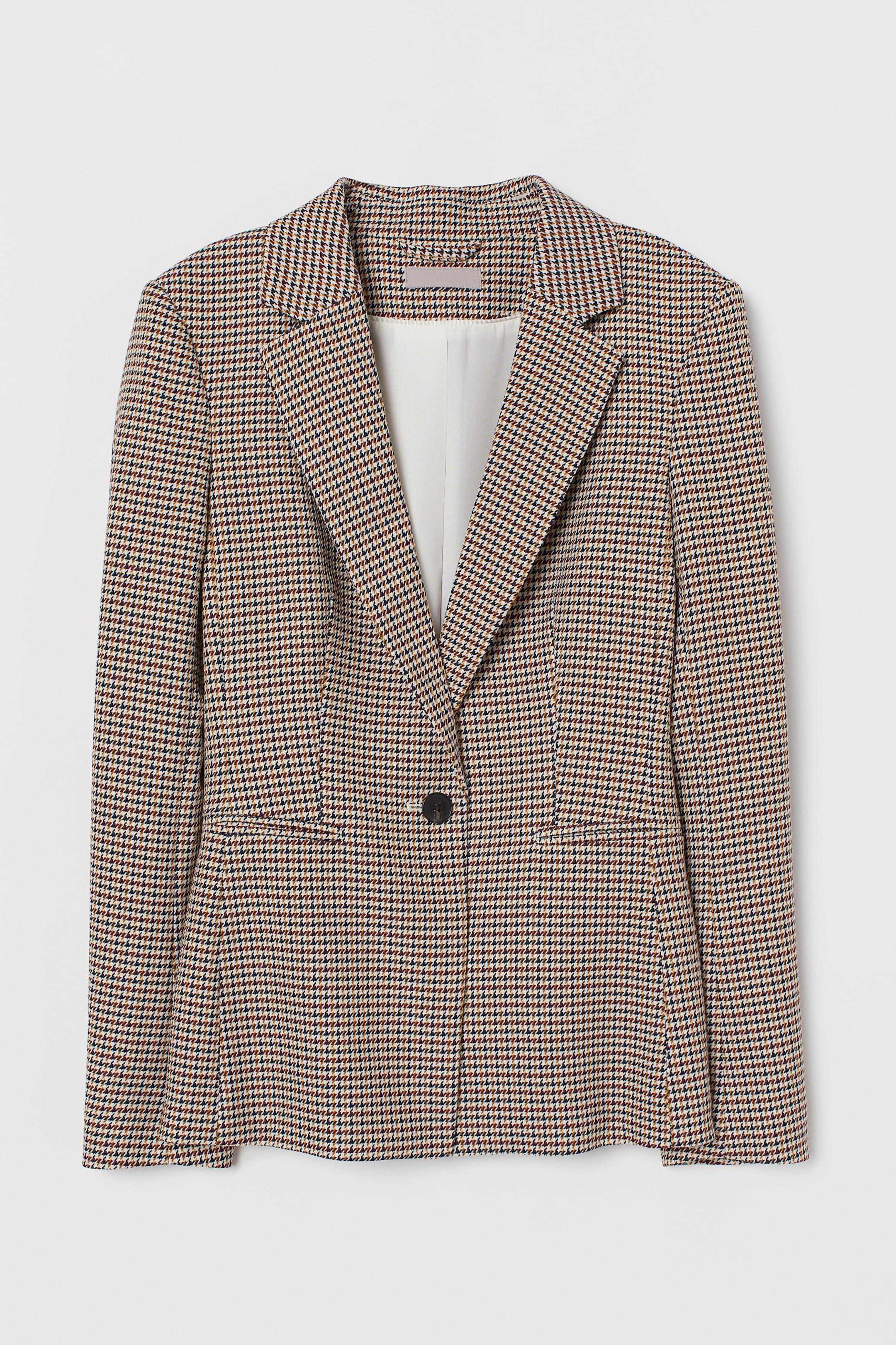Single-breasted Jacket - 3/4 sleeve - Beige/houndstooth-patterned 