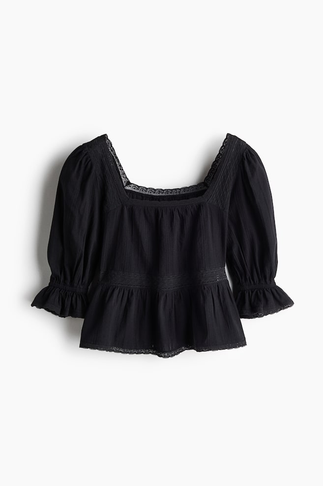 Lace-Inset Peplum Blouse - Black/White - 1
