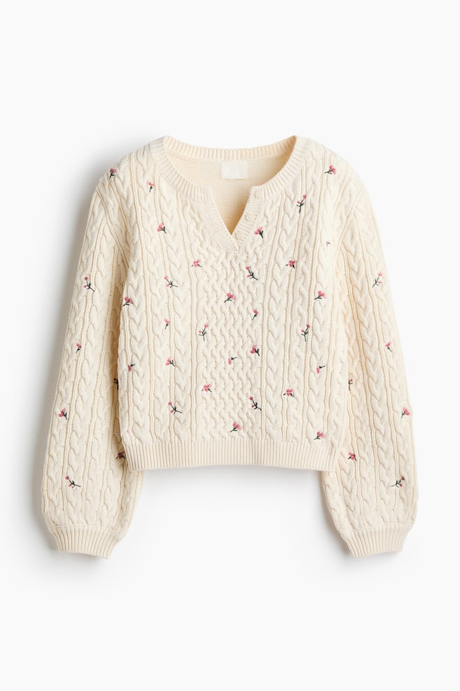 Embroidery-motif cable-knit jumper - Cream/Floral - 1