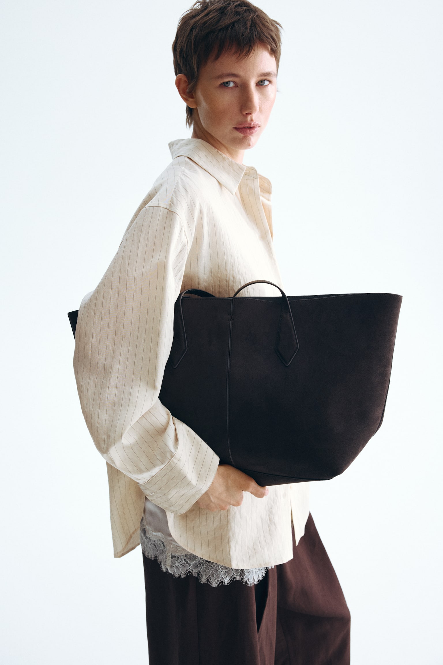 Camicia oversize - Beige chiaro/gessato/Beige kaki/gessato - 3