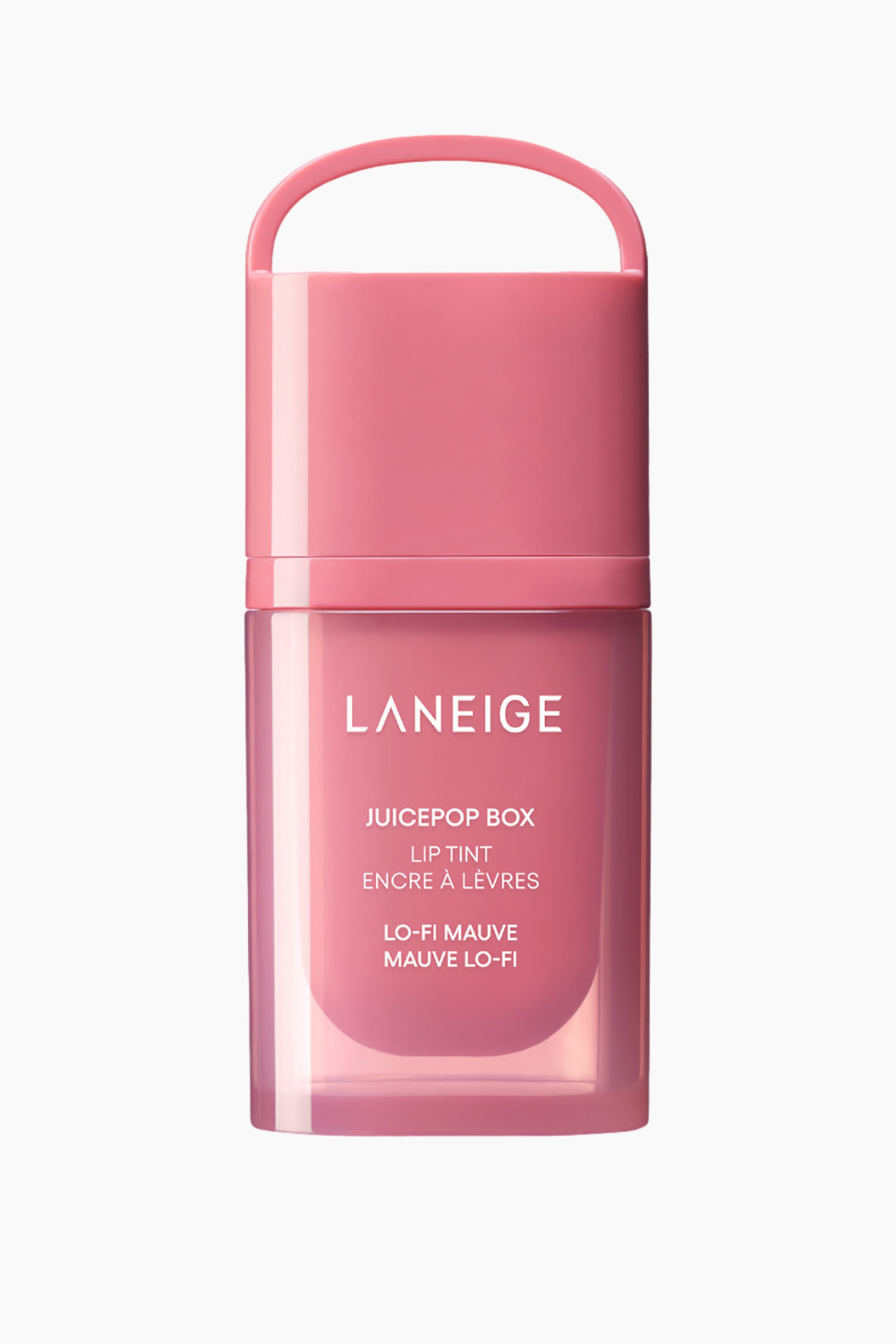 Näytä suurempi kuva: Laneige Juicepop Box Lip Tint sävyssä Lo-Fi Mauve seisoo pystyasennossa ja on suunnattu eteenpäin. Siinä on läpikuultava suorakulmainen alaosa, joka paljastaa mauven sävyn huulivärin ja esittää painettua tekstiä, sekä läpinäkymätön vaaleanpunainen yläosa pyöristetyllä kahvalla.