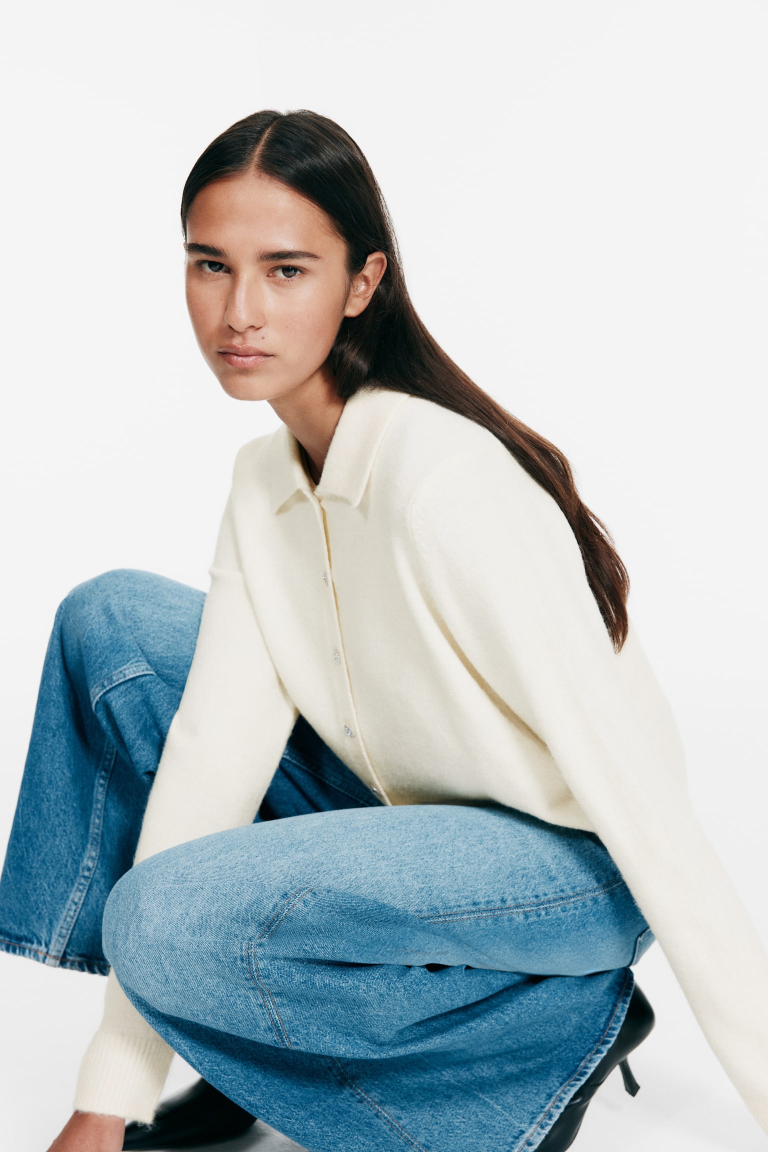 Kardigan z kołnierzykiem - Kremowy/Różowy melanż - 2