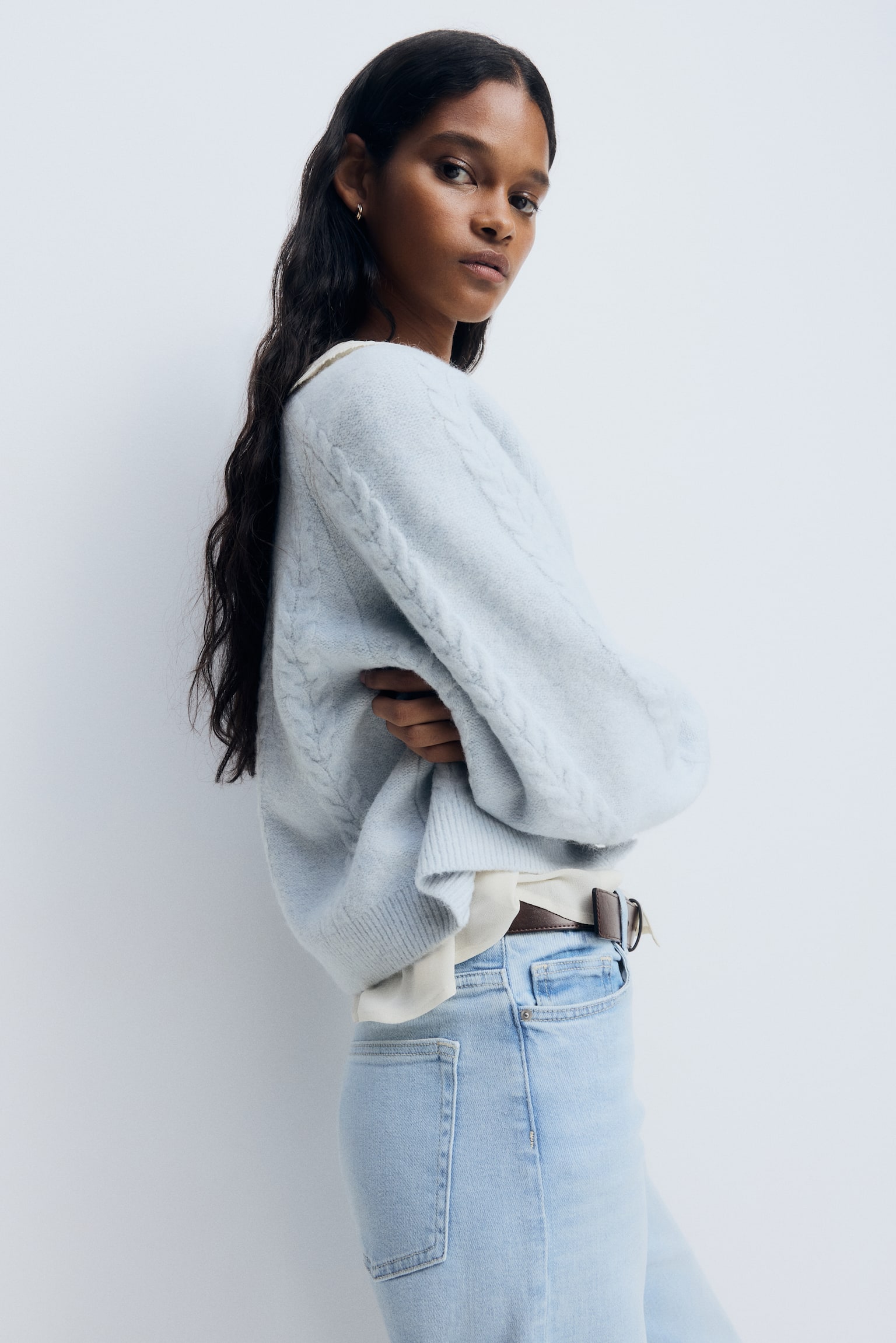 Cardigan in Zopfstrick - Blassblau/Hellbeigemeliert - 6