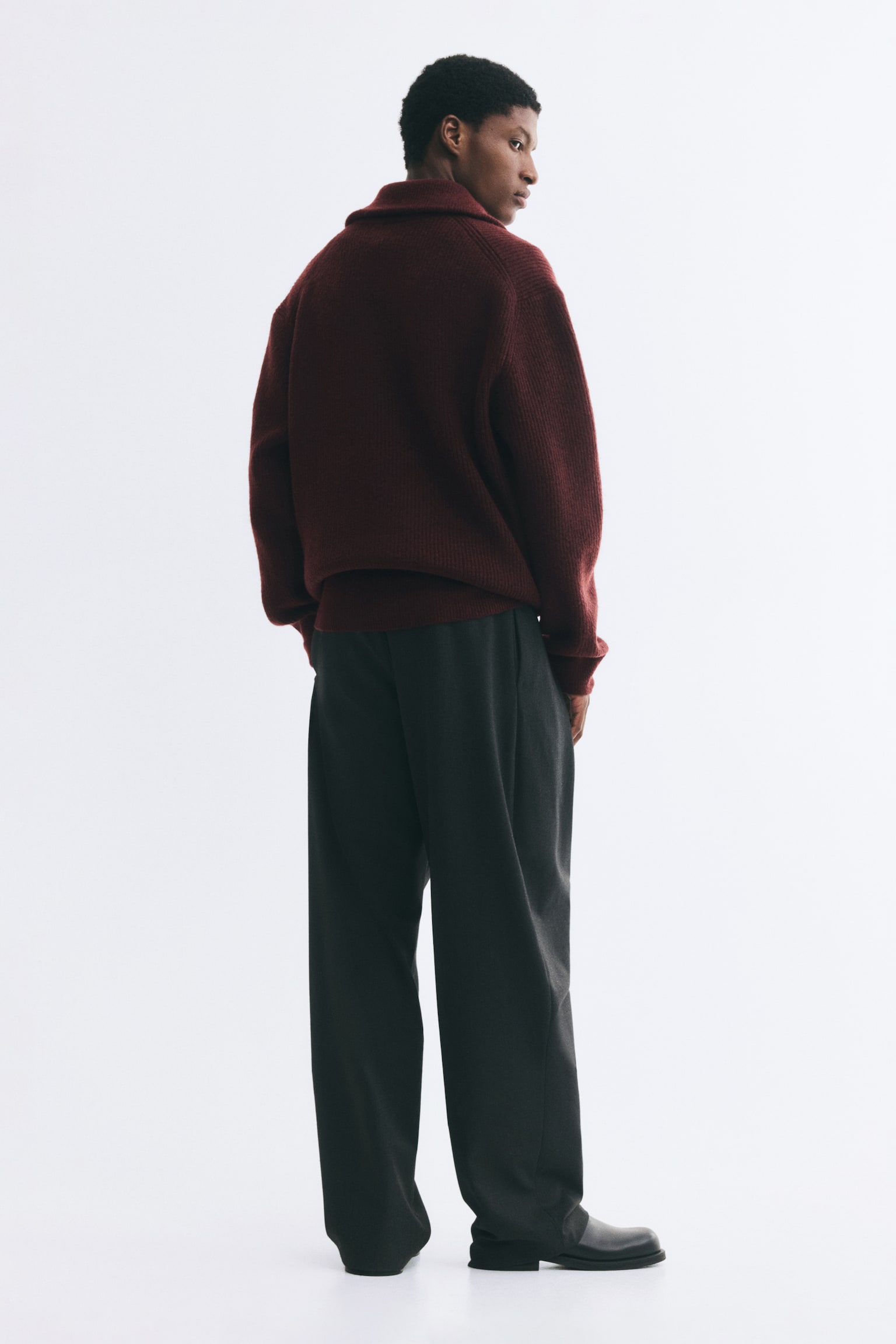 Мужской свитер H&M Relaxed-Fit Half-Zip Rib-Knit, цвет: Бордовый — фото 5
