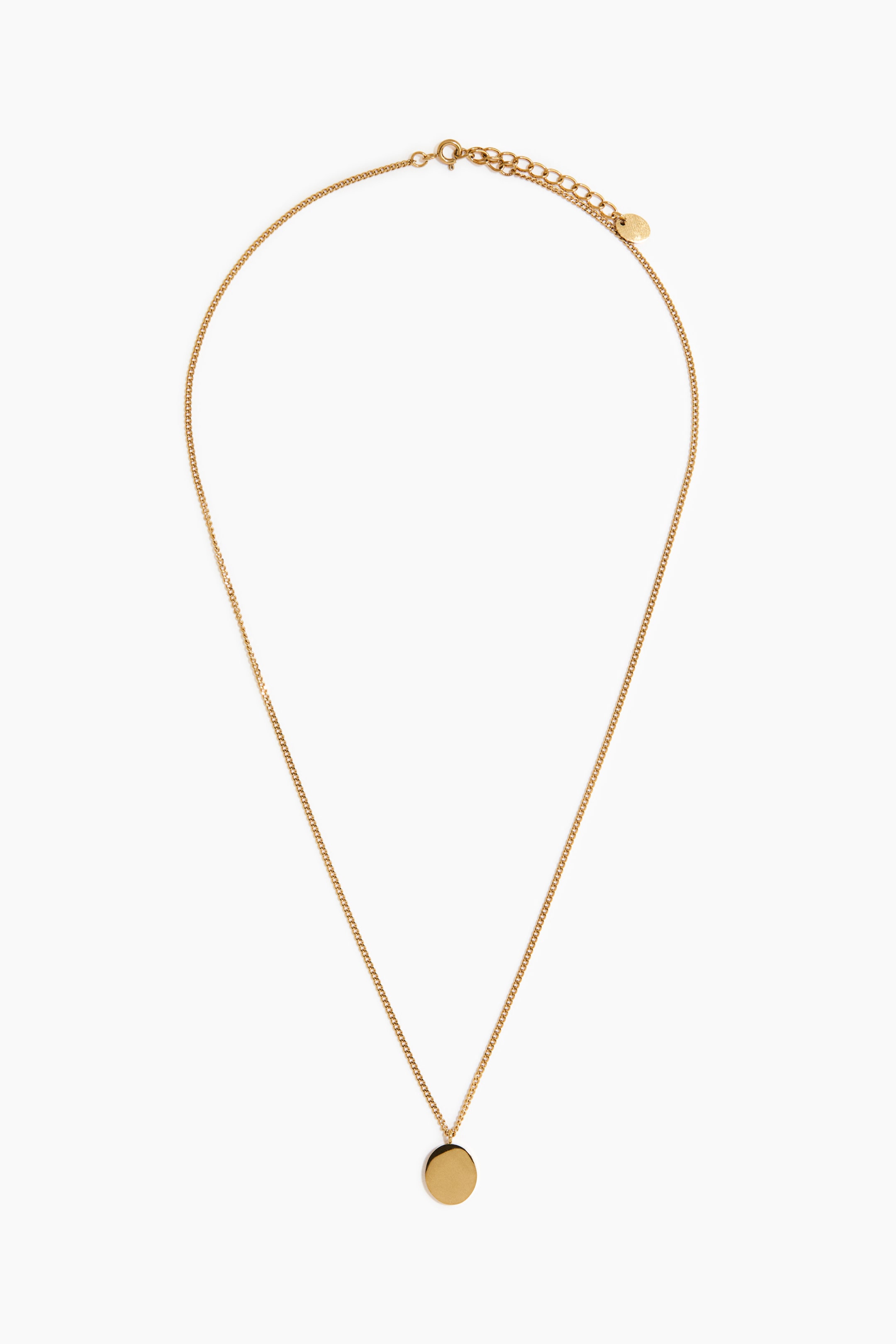 Visualizza l'immagine ingrandita: Una collana color oro presenta una delicata catena a maglia fine con un pendente rotondo piatto e lucido che pende in basso. Il design mostra una vista frontale che include una chiusura a anello a molla e una catenella di prolunga regolabile con una piccola targhetta rotonda nella parte superiore.