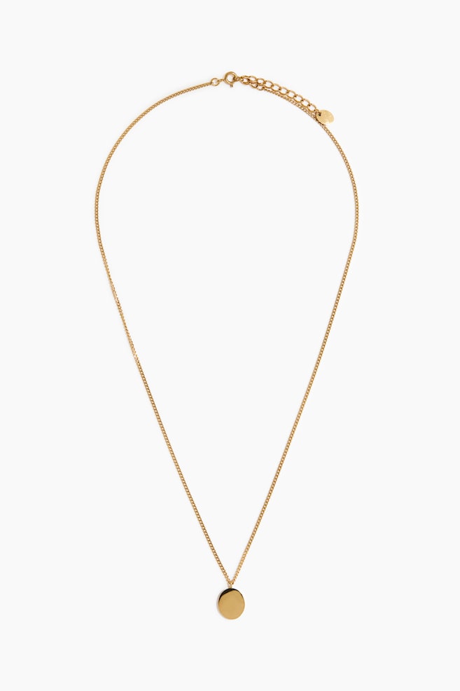 A gold-toned necklace features a delicate fine-link chain with a flat, polished circular disc pendant hanging from the bottom. The design is shown from the front, including a spring-ring clasp and an adjustable extender chain with a small round tag at the top. - 1