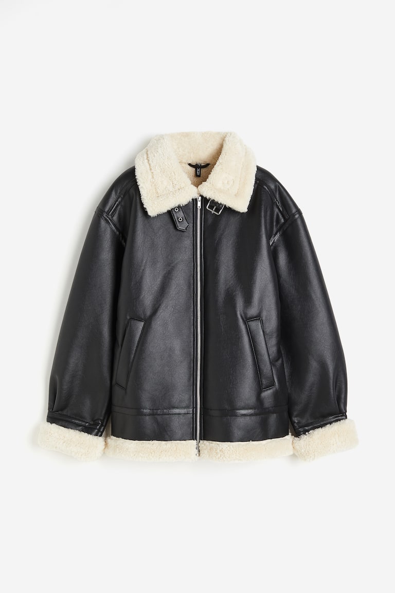 Black Teddy Bear Lined Coat Oversized Teddy-lined Jacket