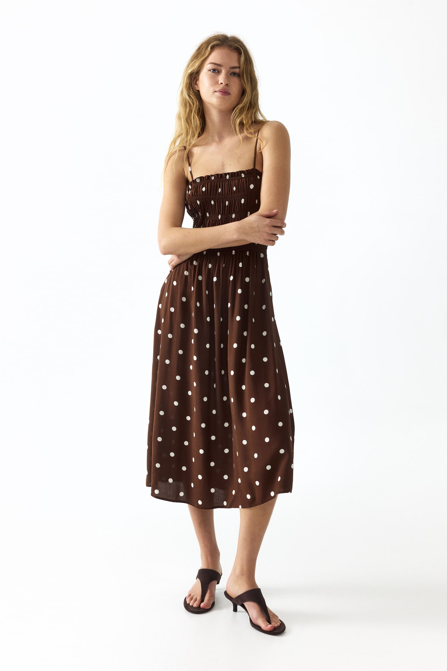 Smocked strappy dress - Dark brown/Polka dot/Light yellow/Floral/Blue/Floral/White/Polka dot - 1