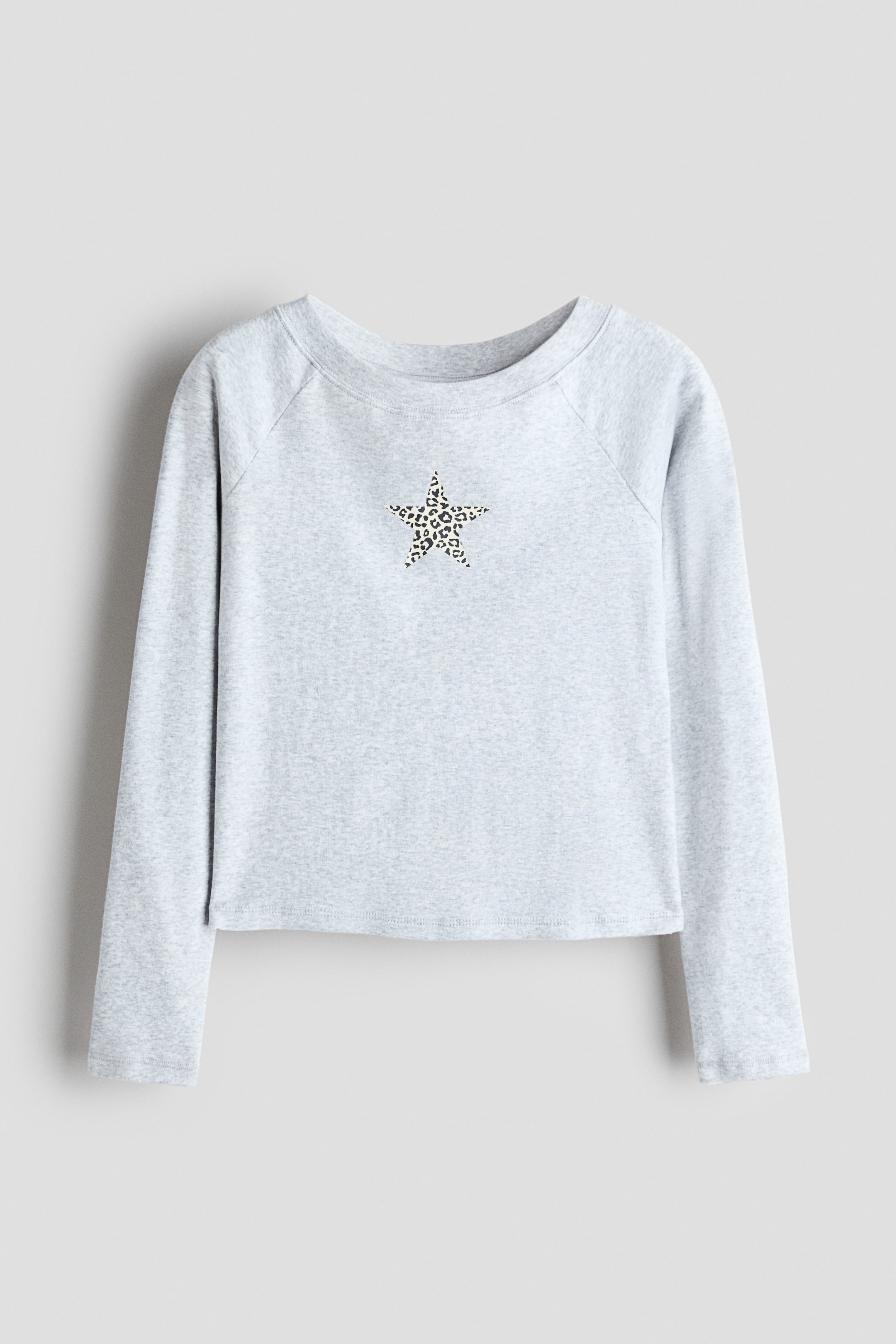 View larger image: This light grey heather long-sleeve top is shown from the front, featuring a relaxed cropped fit, a wide crew neck, and raglan sleeves. A small leopard-print star graphic is positioned at the centre of the chest.