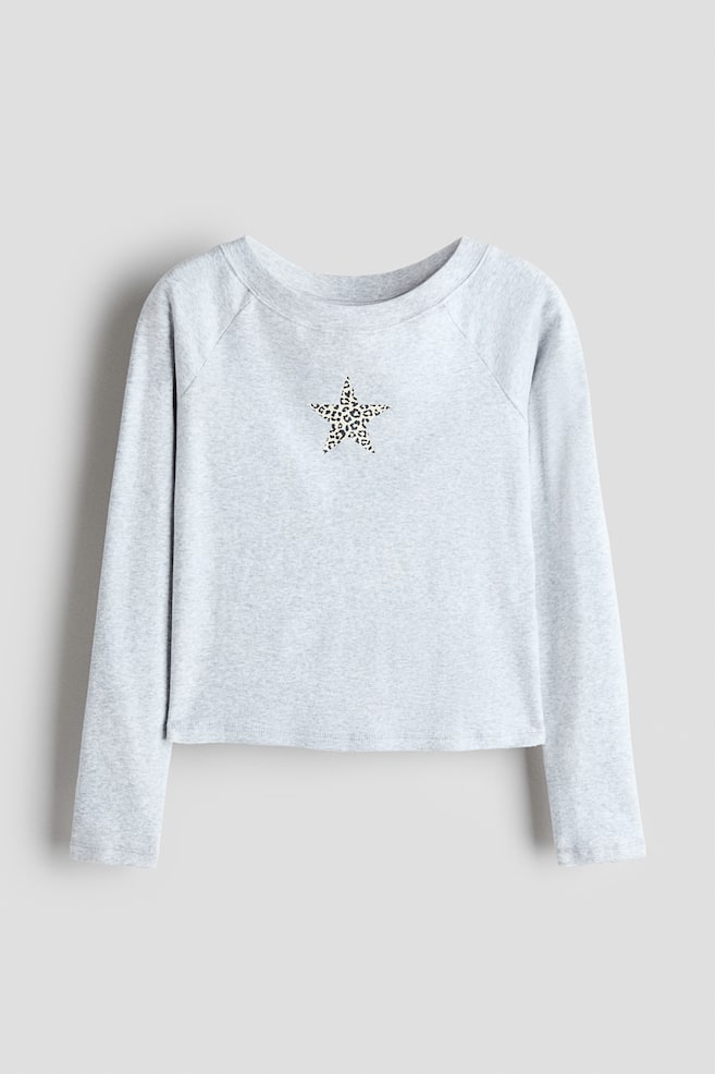 Denne langÃ¦rmede top i lys grÃ¥ melering vender forsiden frem og fremhÃ¦ver en afslappet cropped pasform, en bred rund halsudskÃ¦ring og raglansÃ¦rmer. Et lille stjernemotiv med leopardprint er placeret midt pÃ¥ brystet. - 1
