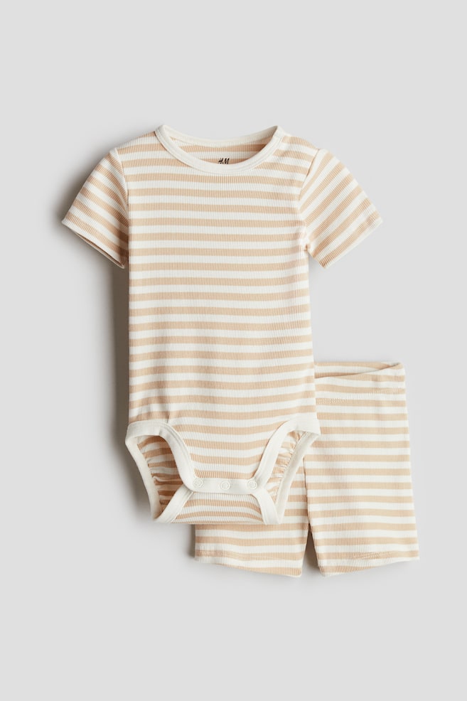 2-piece Ribbed Cotton Set - Light beige/Striped/Cream/bears/Dusty green/white striped/Light blue/dinosaurs/White/cherries/Cream/bears/Dusty green/bear/Light pink/striped - 1