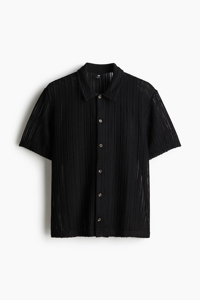 Regular Fit Crochet Look Shirt - Black/Cream/Beige/Stripe - 1