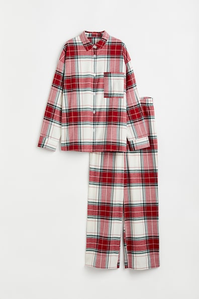 Plaid Pajamas - Long sleeve - Long - Cream/red plaid - Ladies | H&M US