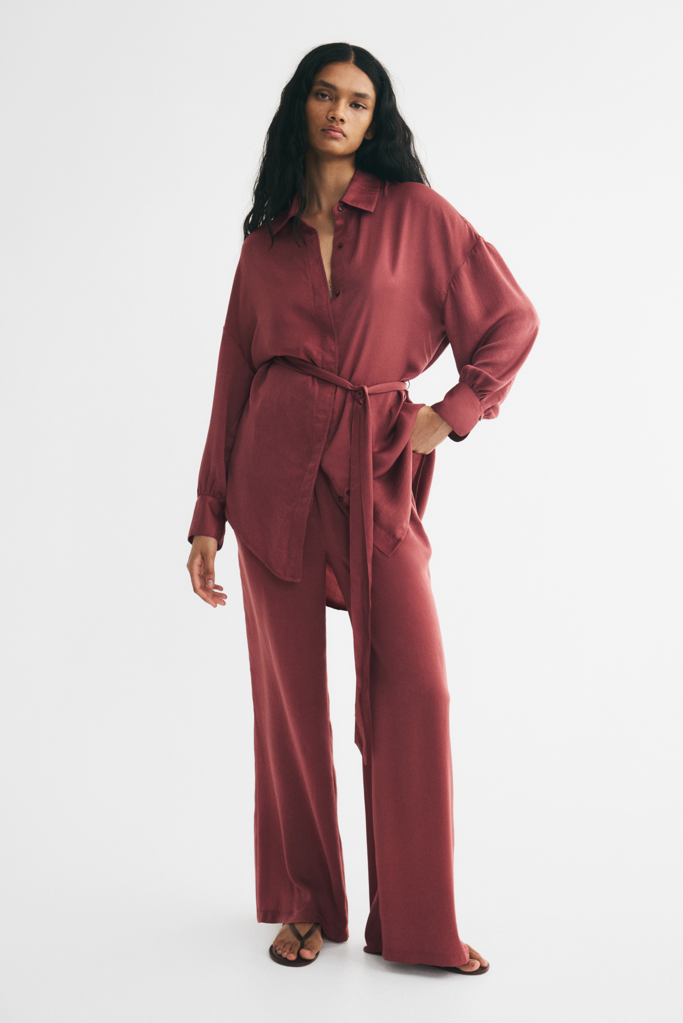 Belted shirt - Rust red/Dark khaki green