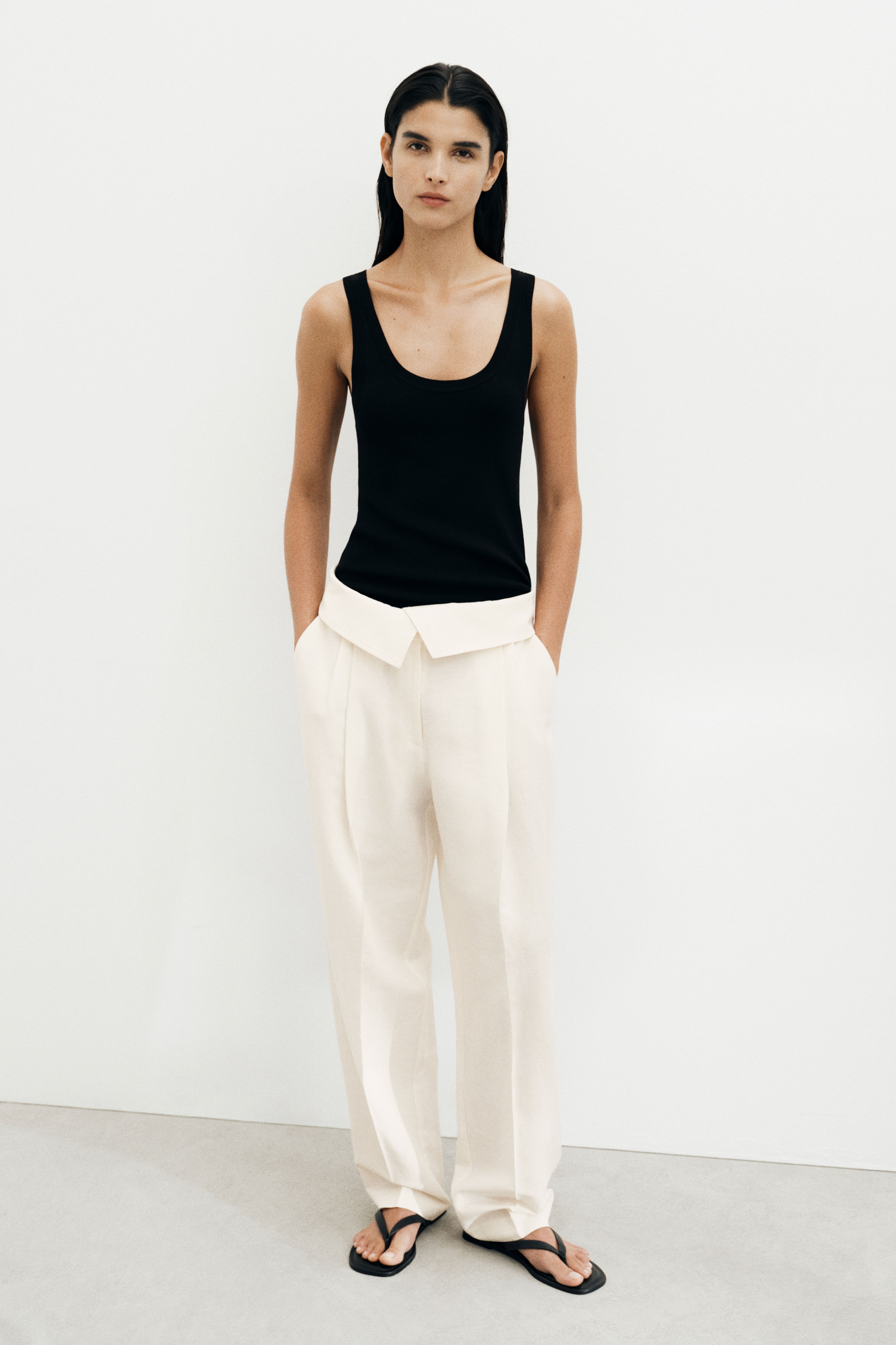 Foldover-Waist Linen-Blend Pants