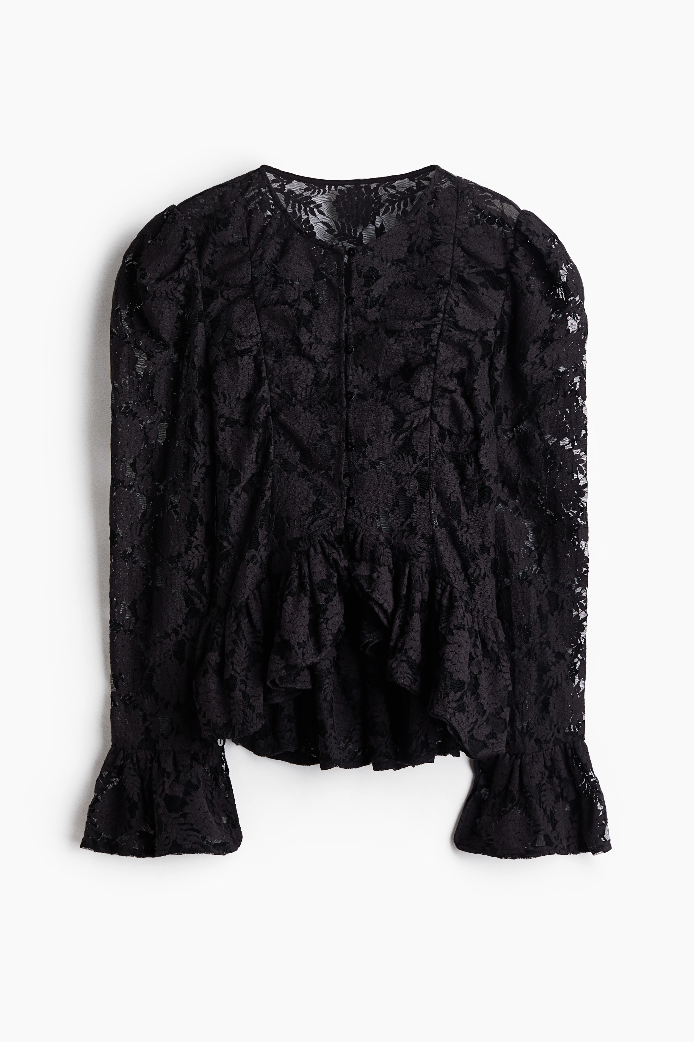 Ruffle-Trimmed Lace Blouse - Black