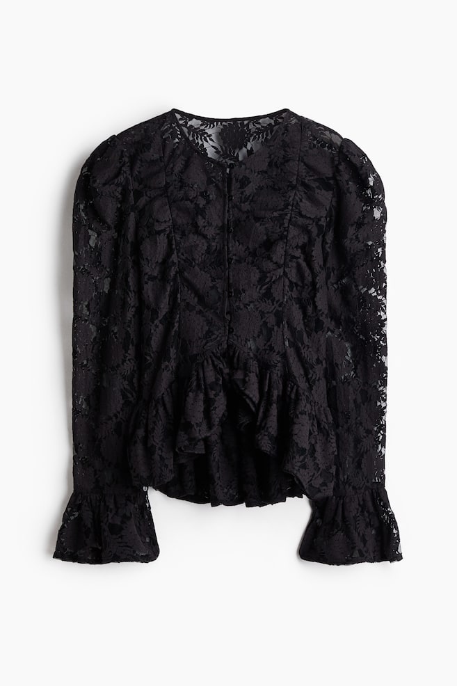 Ruffle-Trimmed Lace Blouse - Black - 1
