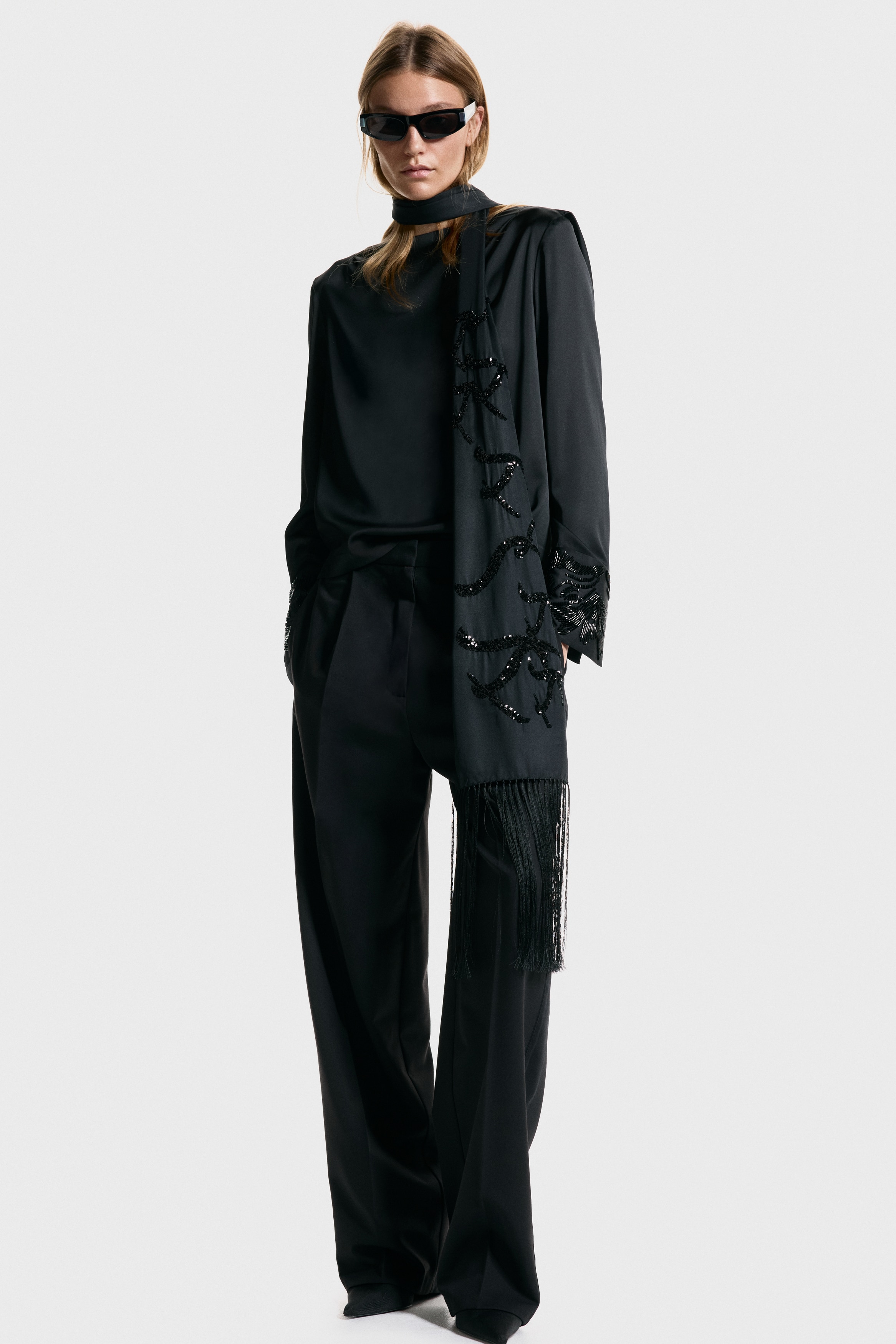 Bead-embroidered cowl-back blouse
