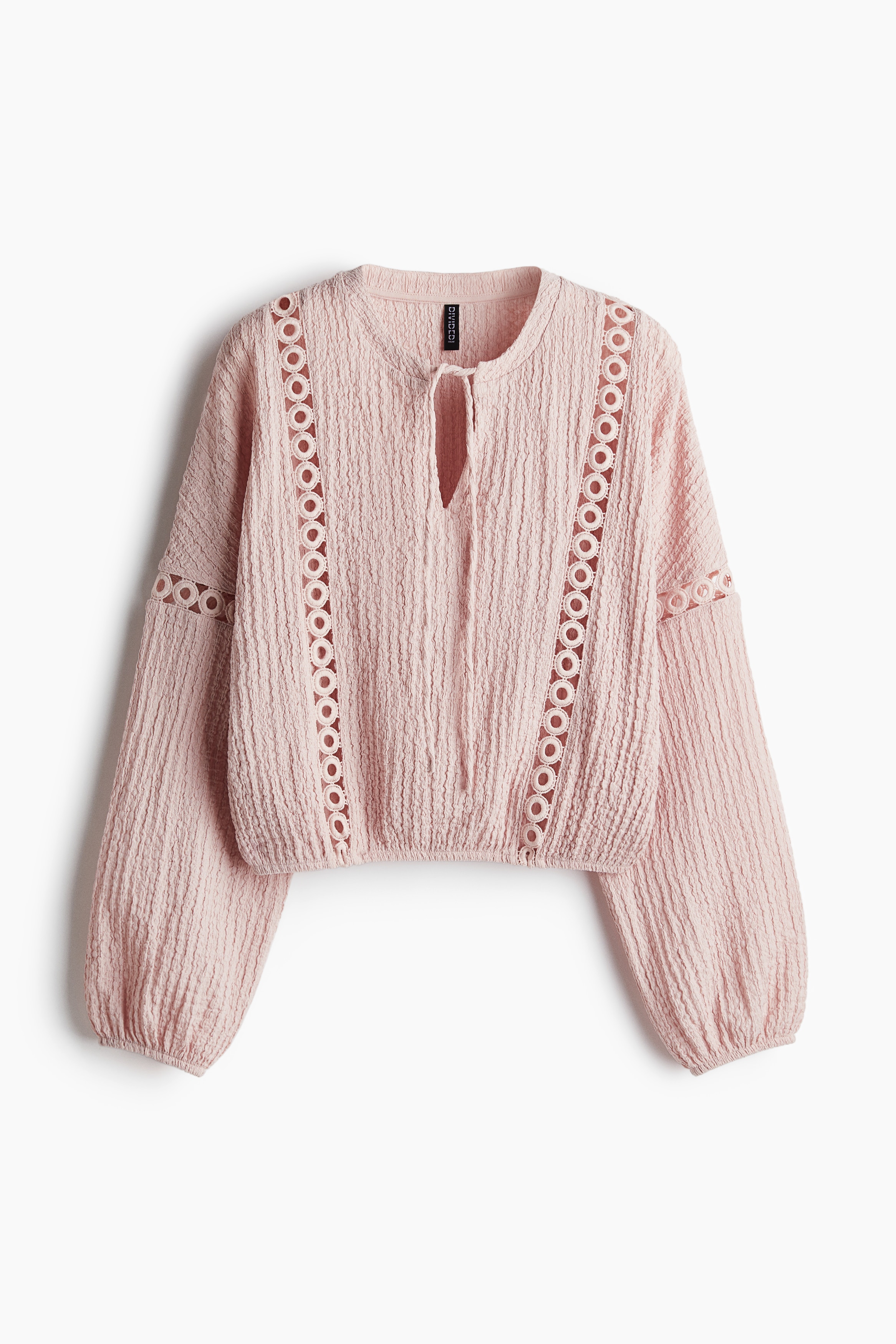 Crinkleblouse met kant - Dusty lichtroze/Zwart/Roomwit