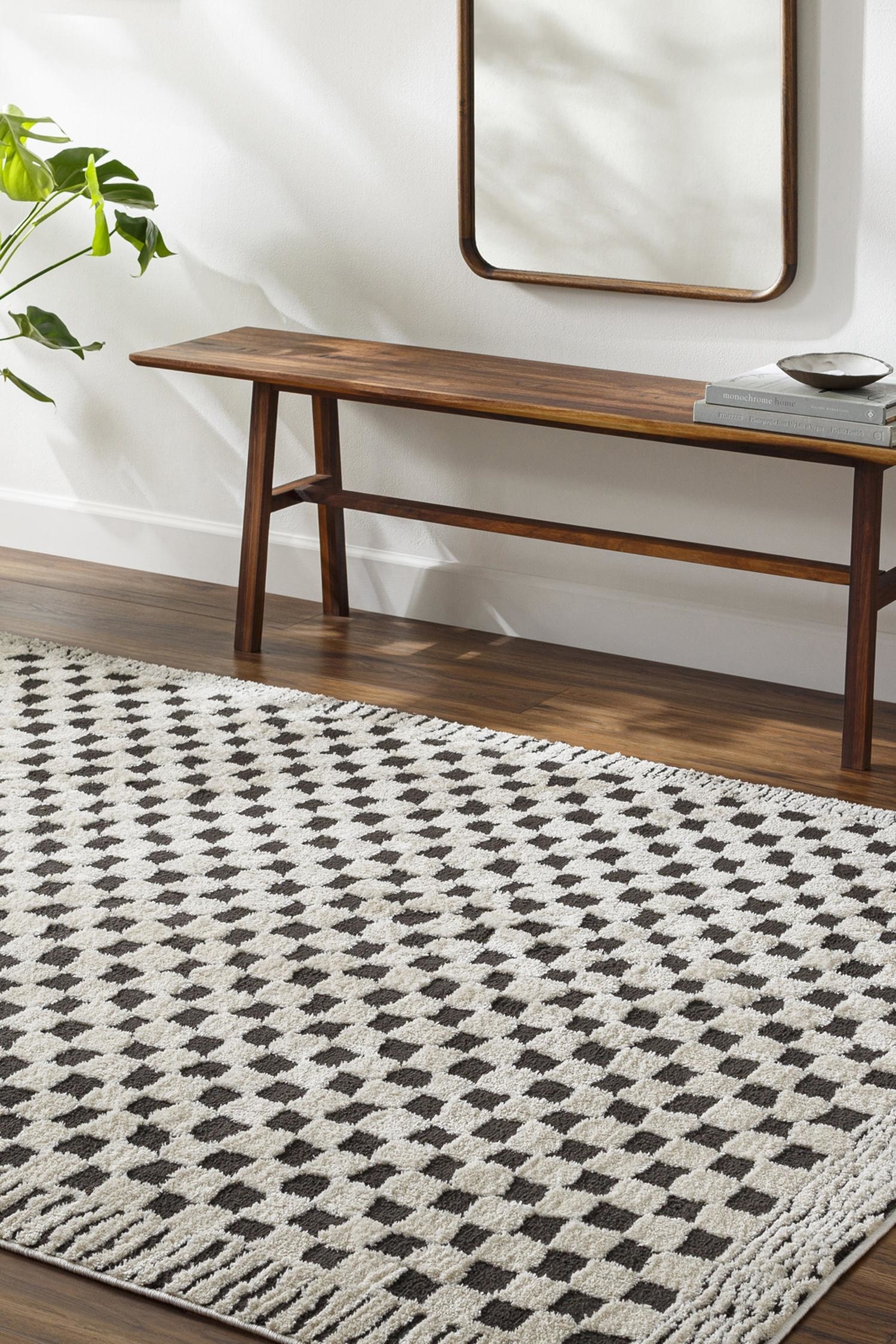 Scandi Modern High Pile Checkered Area Rug - Black