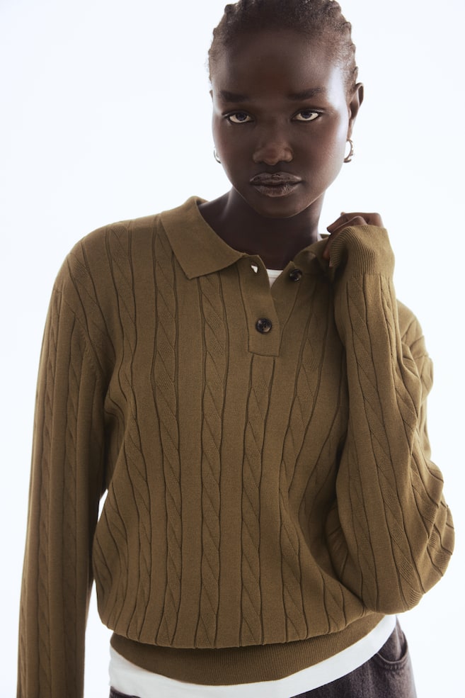 Cable-knit polo shirt-Khaki green - 4