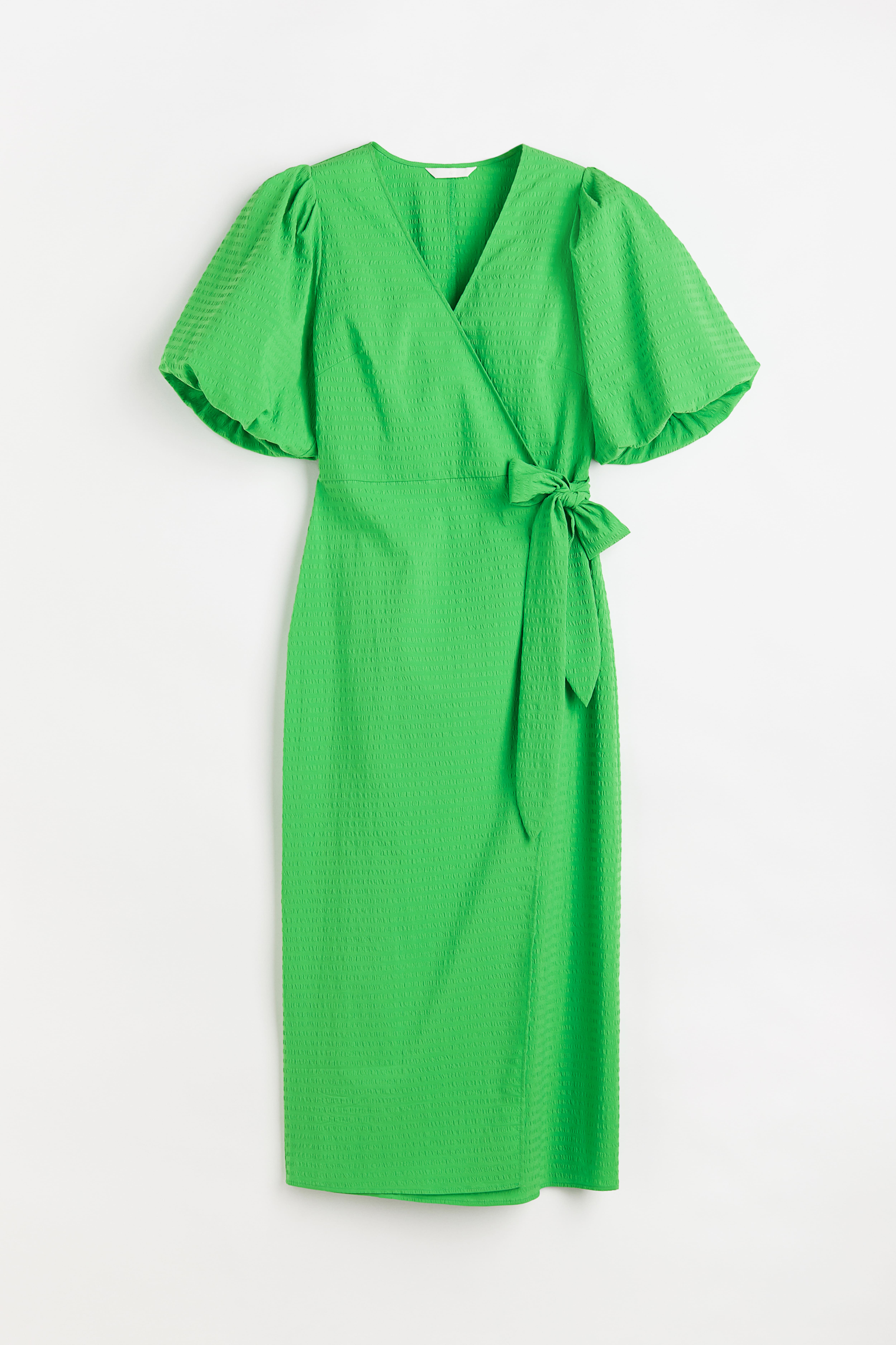 Puff-sleeved Wrap Dress - V-neck - Short sleeve - Bright green - Ladies |  H&M US