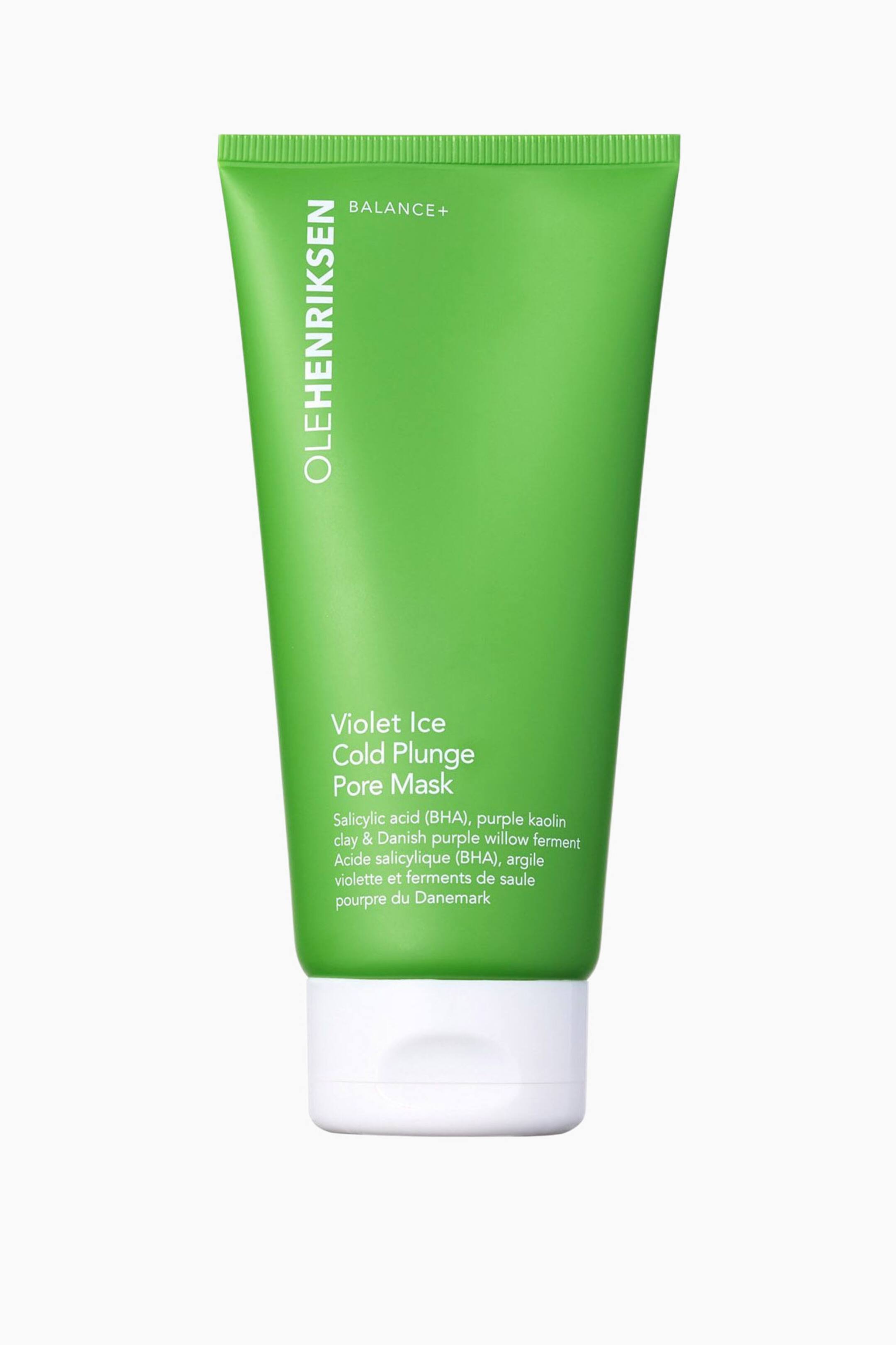 Vis større bilde: En klargrønn klemmetube for hudpleie står oppreist og viser «OLEHENRIKSEN», «BALANCE+» og «Violet Ice Cold Plunge Pore Mask» i hvit tekst, samt en flat hvit flip-top-kork ved bunnen.
